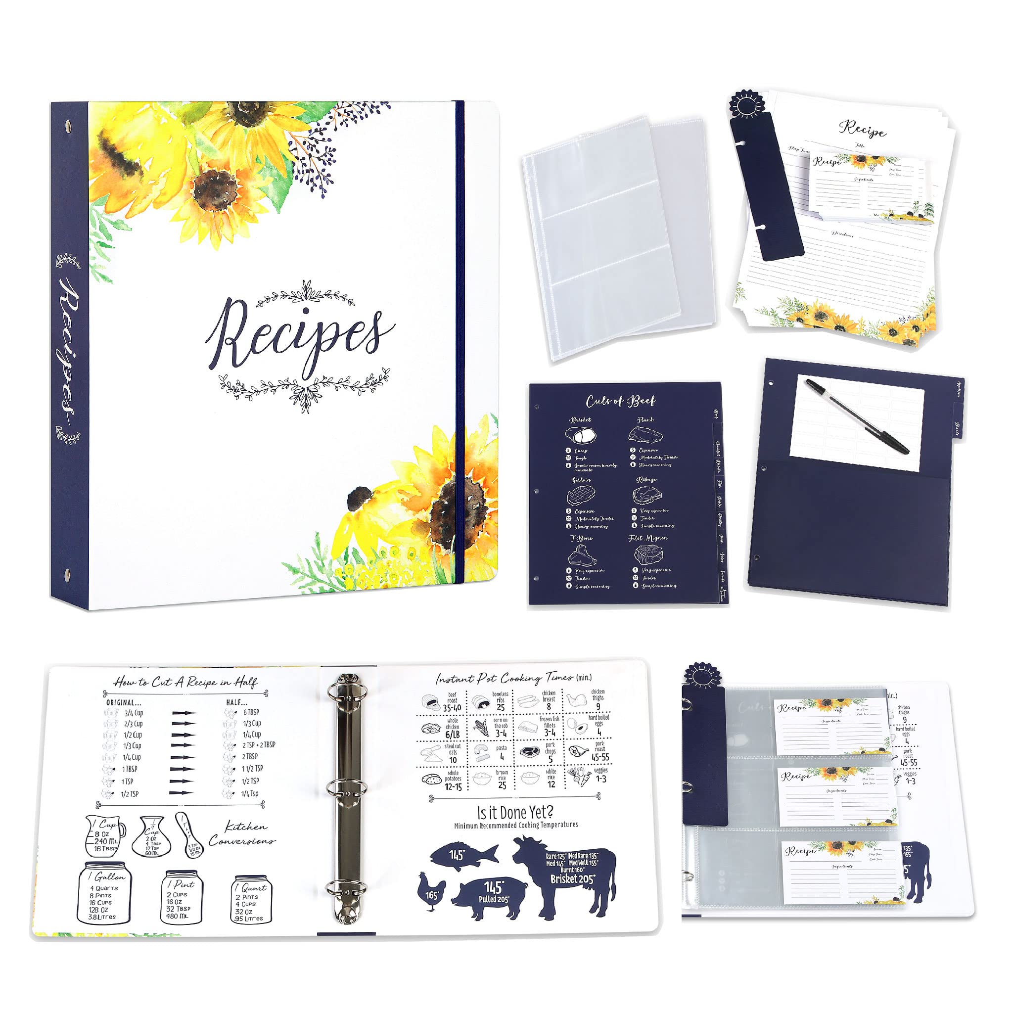 Photo 1 of Outshine Premium Sunflower Recipe Binder Gift Set with 20 Full Page Recipe Paper, Matching Binder Sleeves, 12 Recipe Dividers, 24 Tab Labels| Gift for Women, Wedding Gift Sunflower 8x11