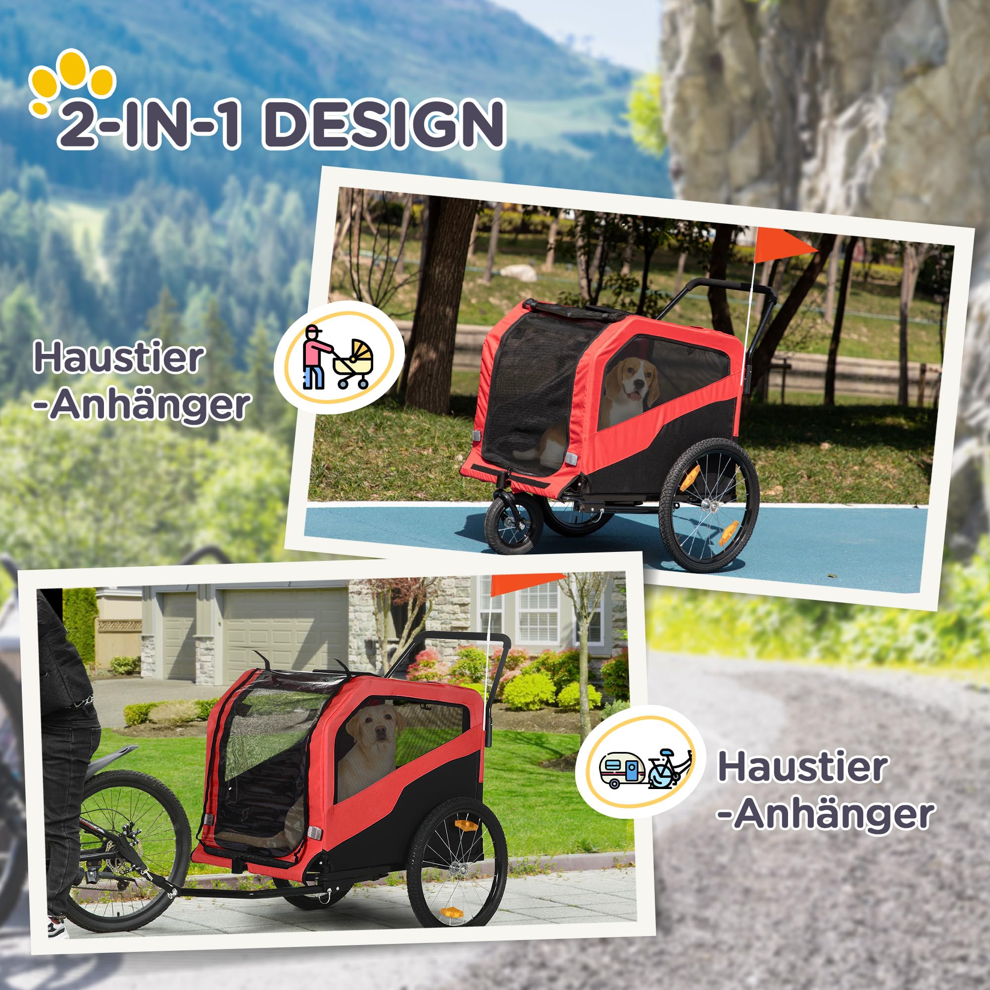 PawHut rimorchio per cani 2 in 1, rimorchio da bicicletta per cani, passeggino per cani con catarifrangenti, passeggino per cani max. 30 kg, rimorchio da bicicletta per cani grandi, tessuto Oxford,