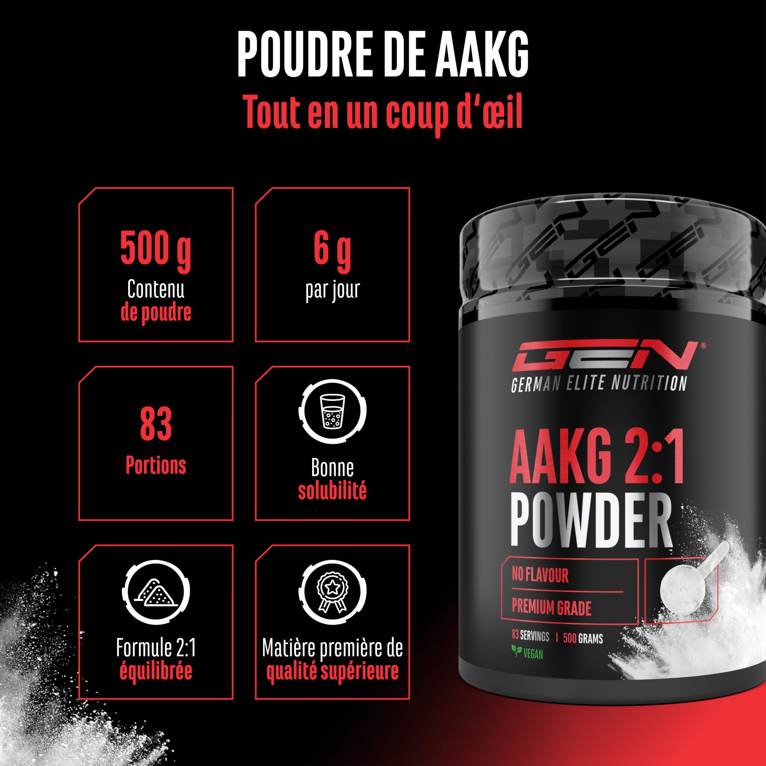 AAKG - 500 g - L-Arginine Alpha-Cétoglutarate (2:1) - Solubilité Optimale - Végan - Poudre Pure sans Additifs - Acide Aminé d’Arginine Premium - German Elite Nutrition