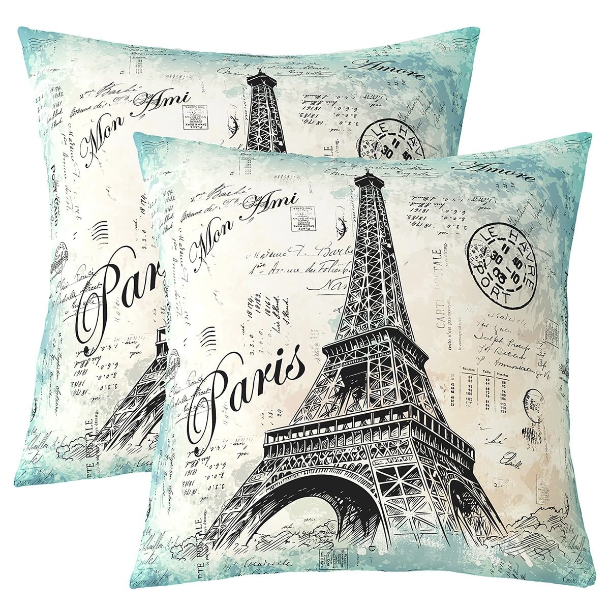 Set of 2 Eiffel Tower Throw Pillow Covers,Paris Decor Cushion Case for Home Living Room Decor,Reversible Trip Design Paris Cityscape Blue Green White
