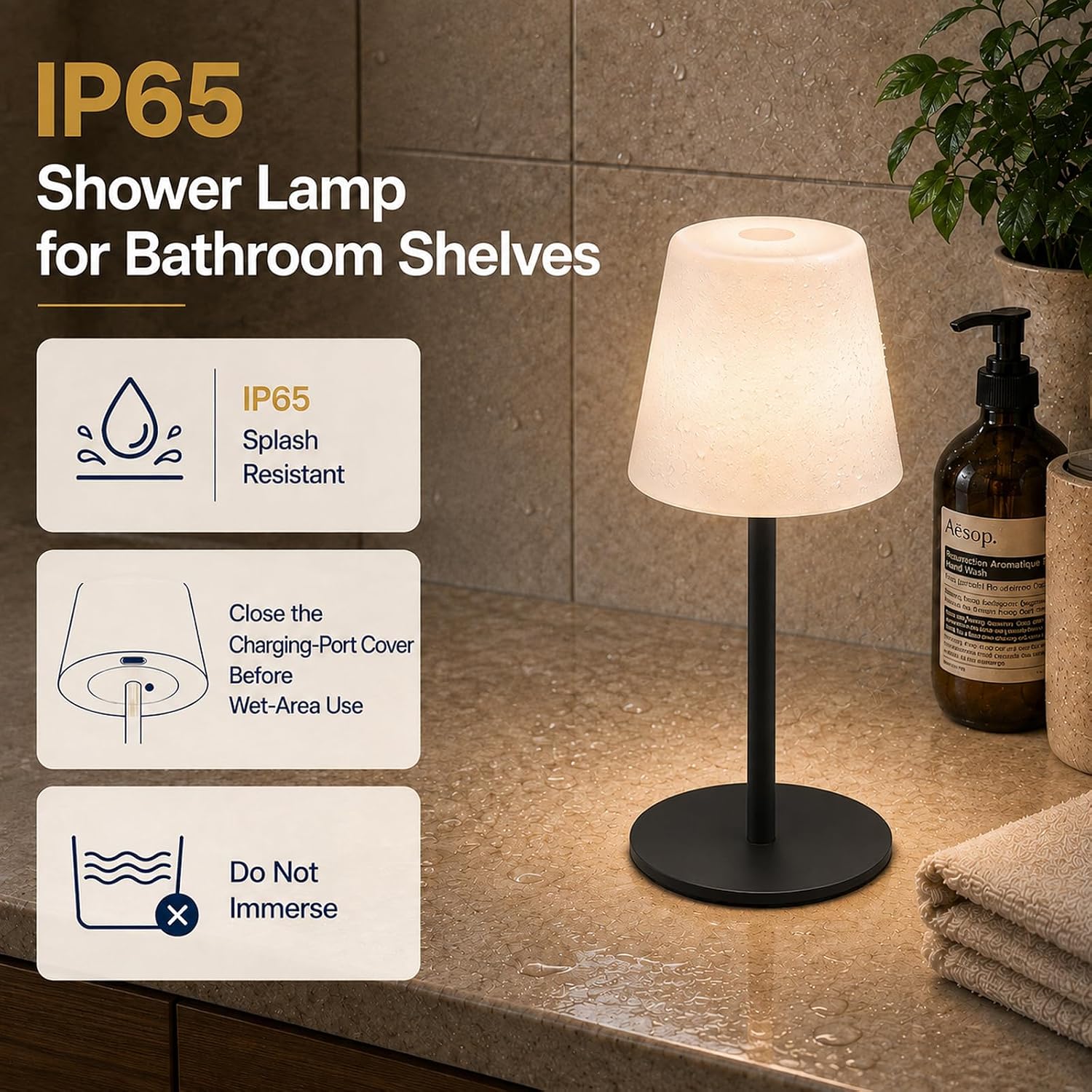 Shower Lamp Rechargeable Waterproof Lamp, Cordless Table Lamp for Bathroom