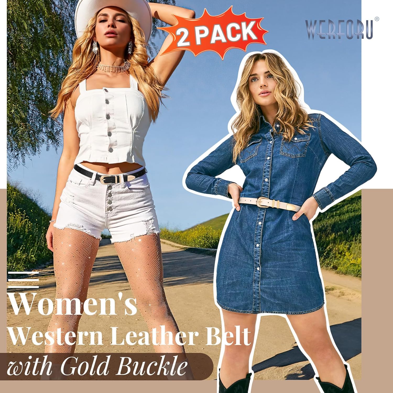 WERFORU 2 Pack Women Leather Belt Fashion Leather Waist Belt for Pants Jean Ladies Western Belt with Gold/Silver Buckle- - Image 3