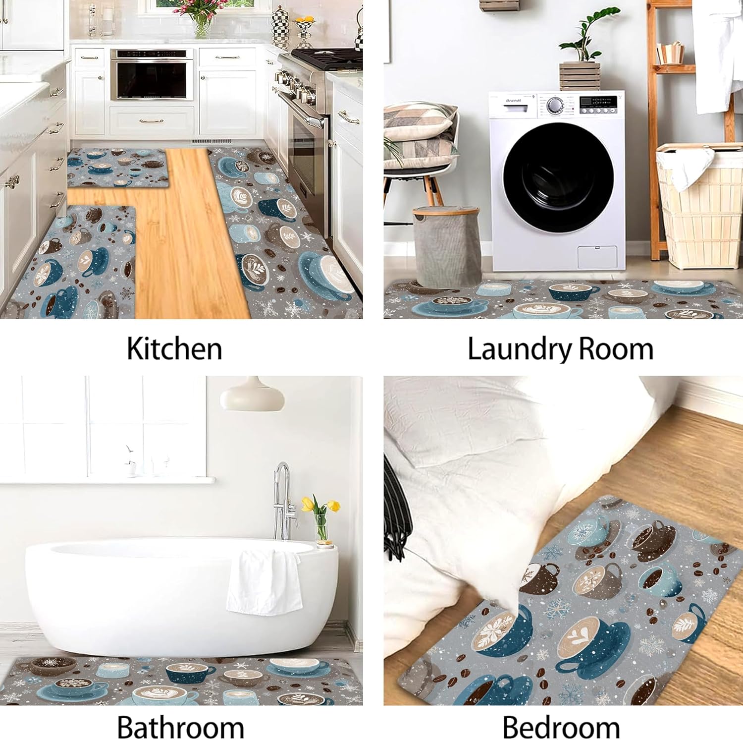 Coffee Cups Kitchen Mats for Floor, Winter Cozy Memory Foam Mats, Cushioned Comfort Washable Non Slip Rugs for Kitchen Sinks Laundryroom Bathroom 2PCS