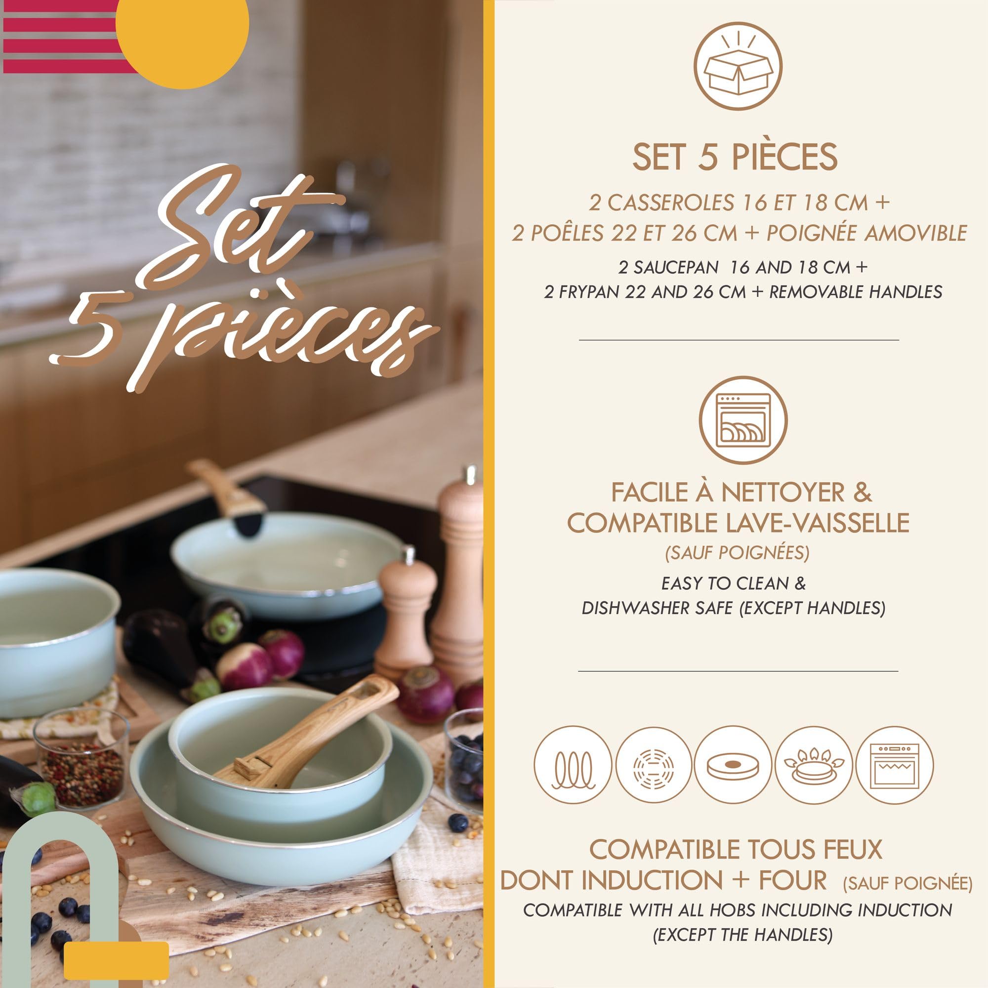 MENASTYL MENASTYL - Removable stackable cookware - Suitable for all heat sources, including induction - PFAS-free non-stick ceramic coating - Colorama range - Celadon colour - 2 frying pans + 2 saucepans + 1 handle in use