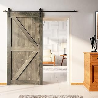 HOMACER Door Size 44'' W x 84'' H x 1-3/8'' D Single Pine Wood Barn Door (Unassembled K Design) with Non-Bypass Installation Hardware Kit, Track Length 90'', Interior Use Only