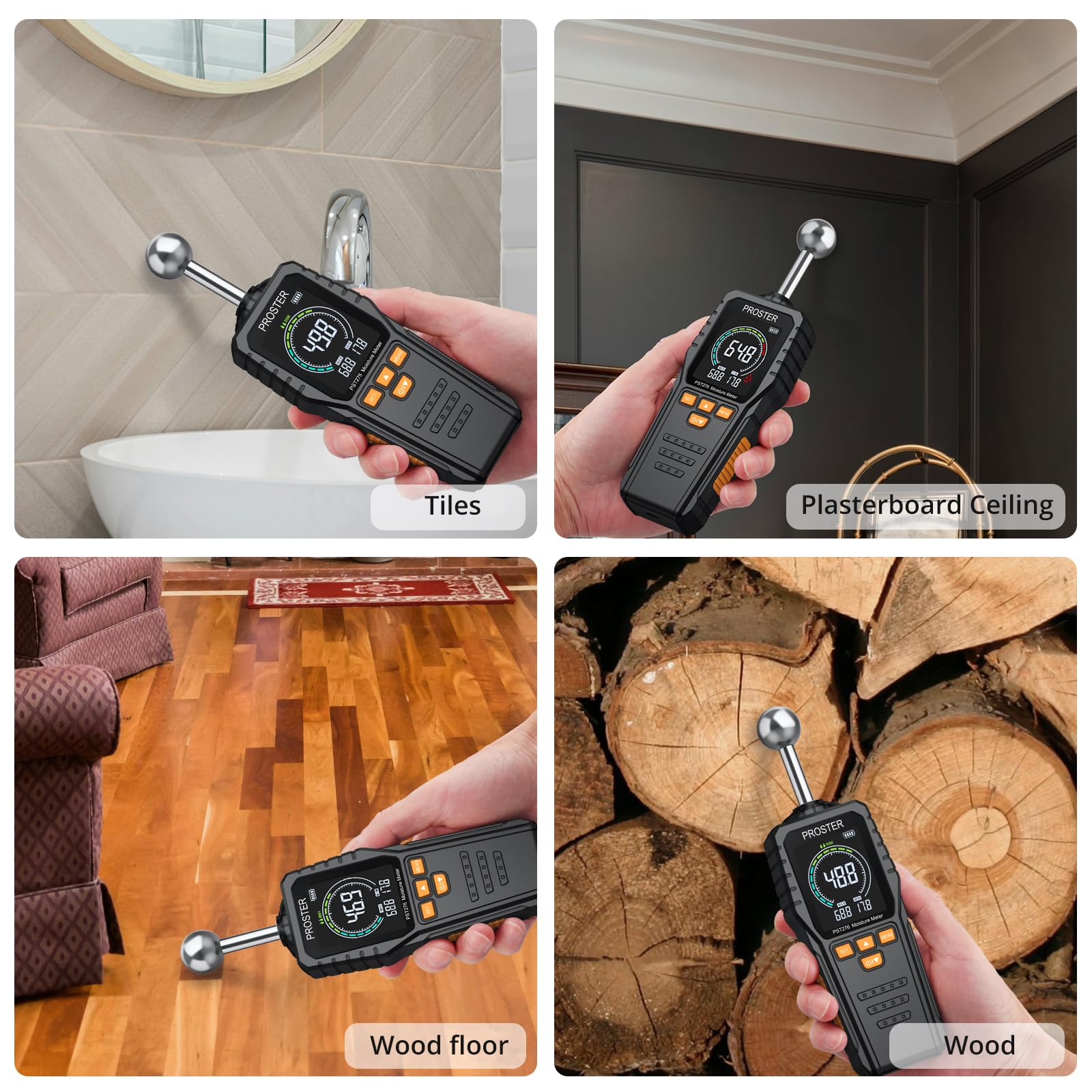Proster Feuchtigkeitsmessgerät Wand Kugelform Sphärisches wiederaufladbares Feuchtemessgerät Mauerwerk mit LCD Bildschirm für Wände Mauerwerk 0-40mm Analysetiefe (Schwarz Orange)