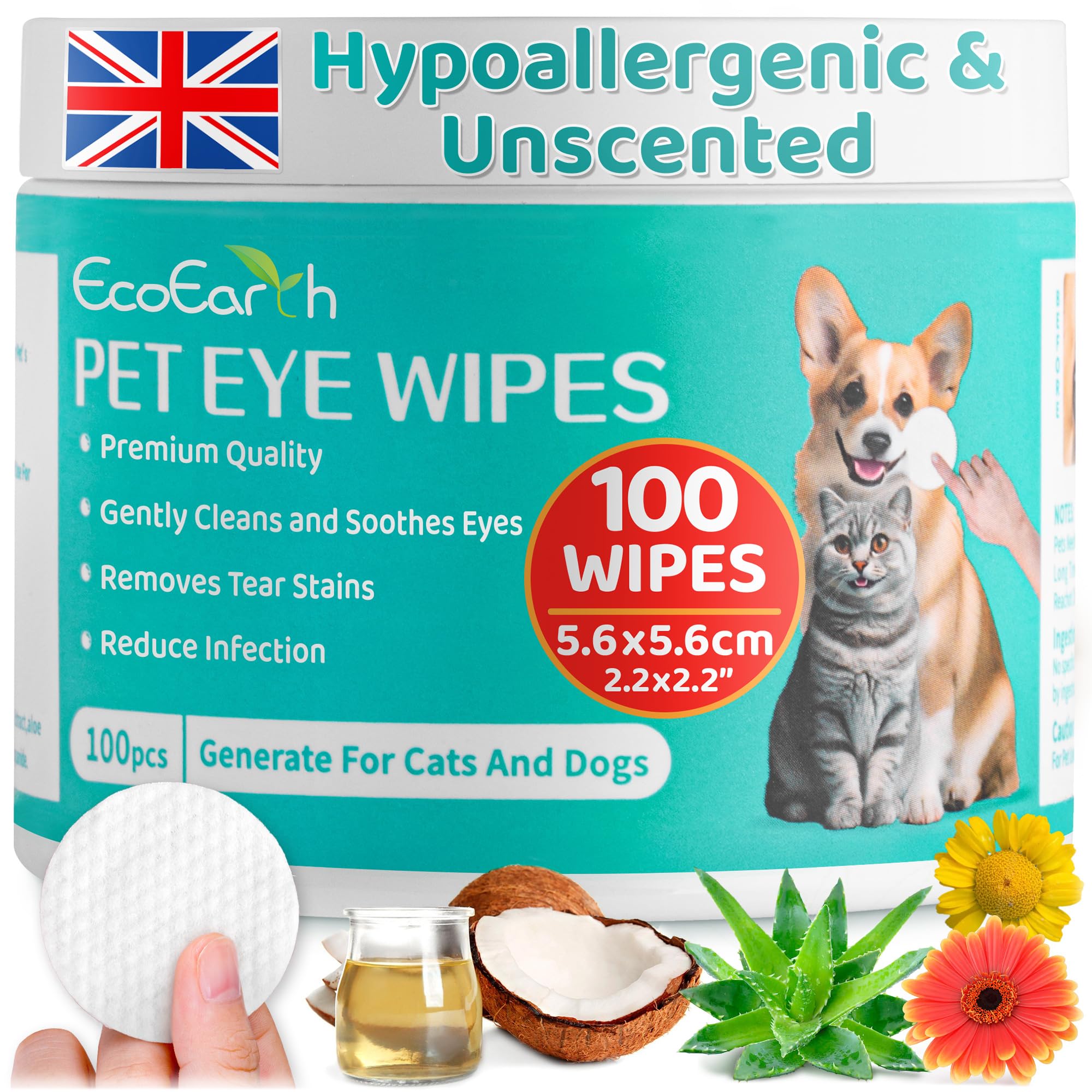 Premium Eye Wipes for Dogs & Cats - 100 Pcs - Pet Eyes Cleaning Pads to Remove Tear Stains, Crust & Discharge - Perfect for Pets Daily Care - Helps with Itching & Dryness - Pre-Soaked & Disposable