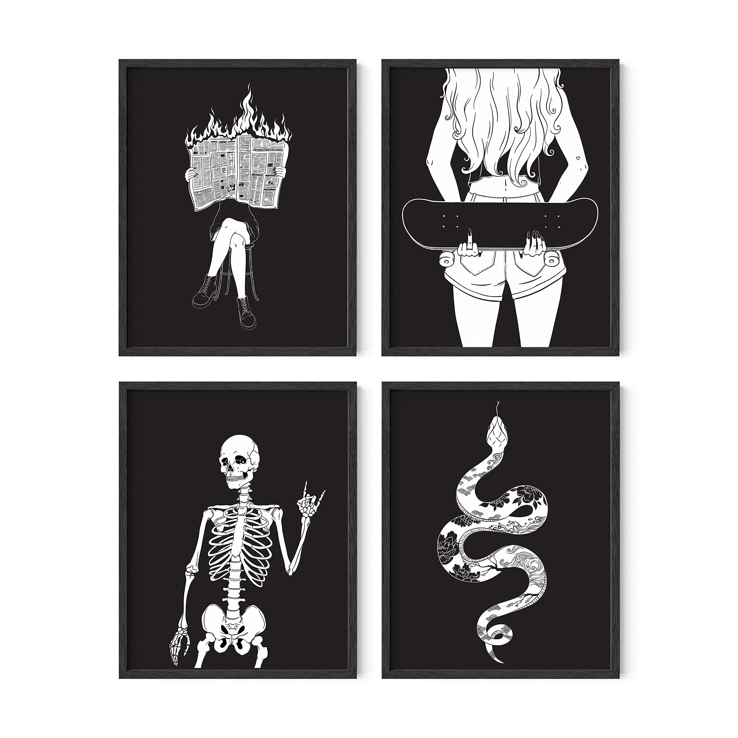 HAUS AND HUES Gothic Wall Decor Set of 4 - Halloween Pictures Wall Decor for Teen Girls, Skeleton Wall Art Decorations, Spooky Wall Art for Black