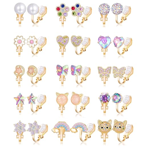 Tornito 10-15 Pairs Clip on Stud Earrings Non Pierced Teardrop Round Square CZ Pearl Twist Knot Flower Butterfly Heart Star Rainbow Cat Opal Clip on Earrings for Women