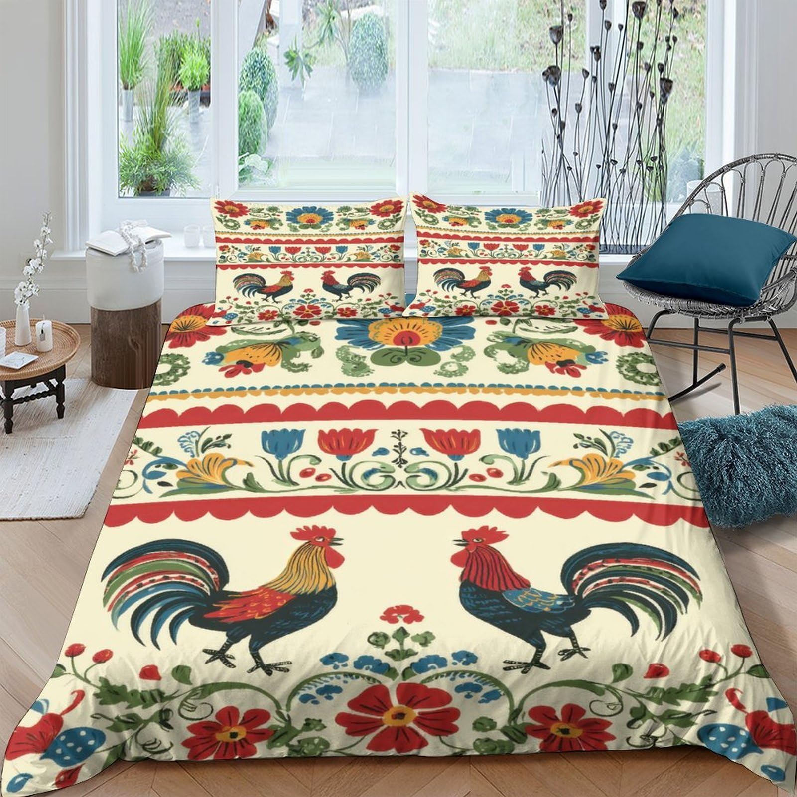GPLZQXKJNH 3D Printed Folk Rooster Duvet Cover Microfiber Soft Floral Bedding Set with 2 Pillowcases for Bedroom Decor Single（135x200cm）