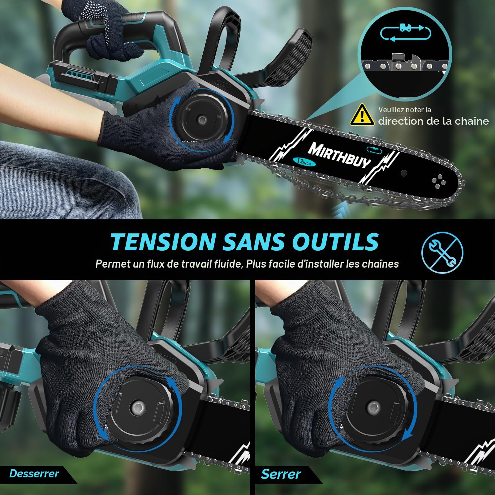 Mini tronçonneuse électrique sans fil 6 et 8 zoll, sans balais, système de lubrification amélioré, tronçonneuse pour coupe de jardin (12 zoll)