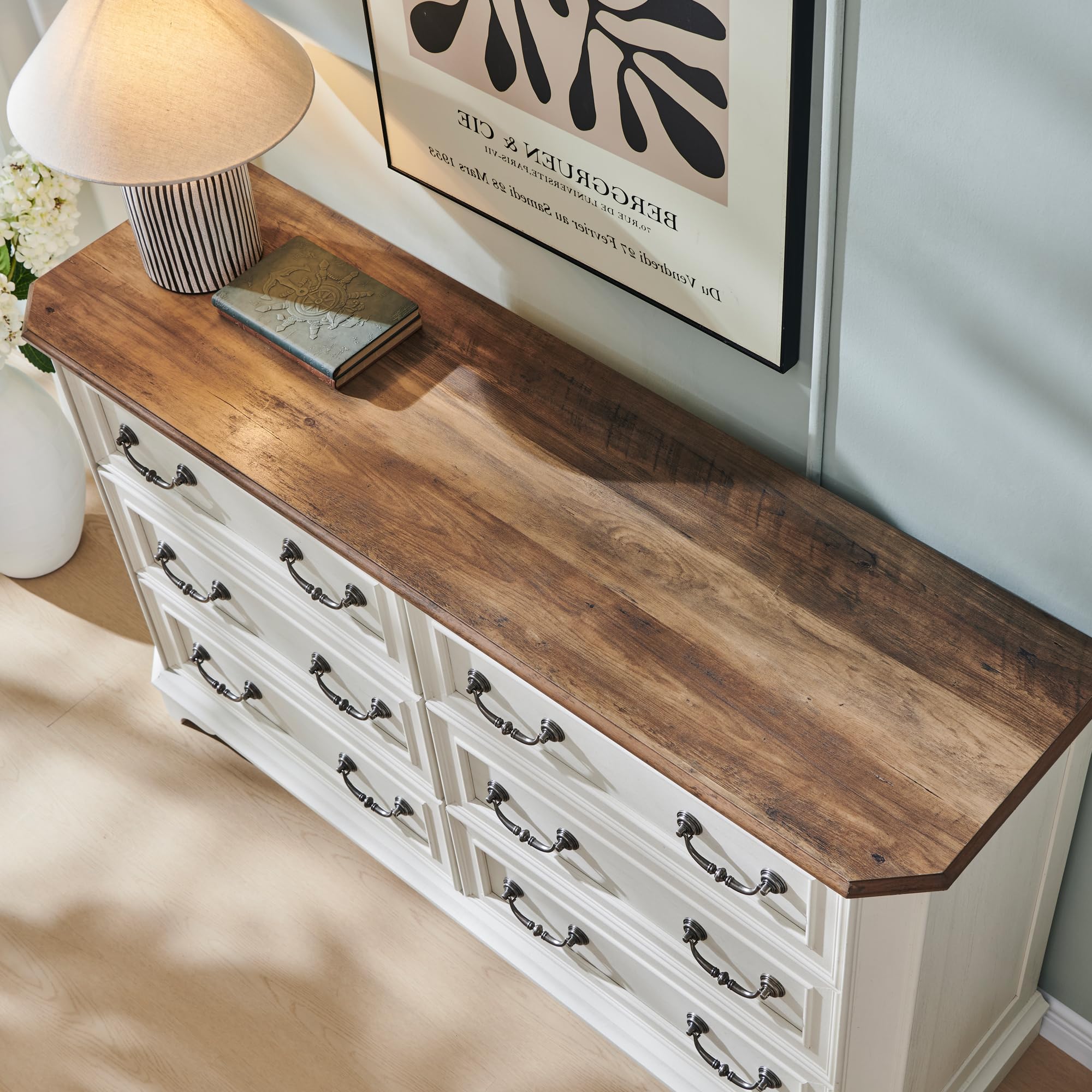 Landhaus Kommode mit 6 Schubladen für Schlafzimmer, 137 cm breite rustikale Holzkommode mit natürlicher Textur, Vintage Design, Sideboard Organizer für Wohnzimmer, Antik Weiß