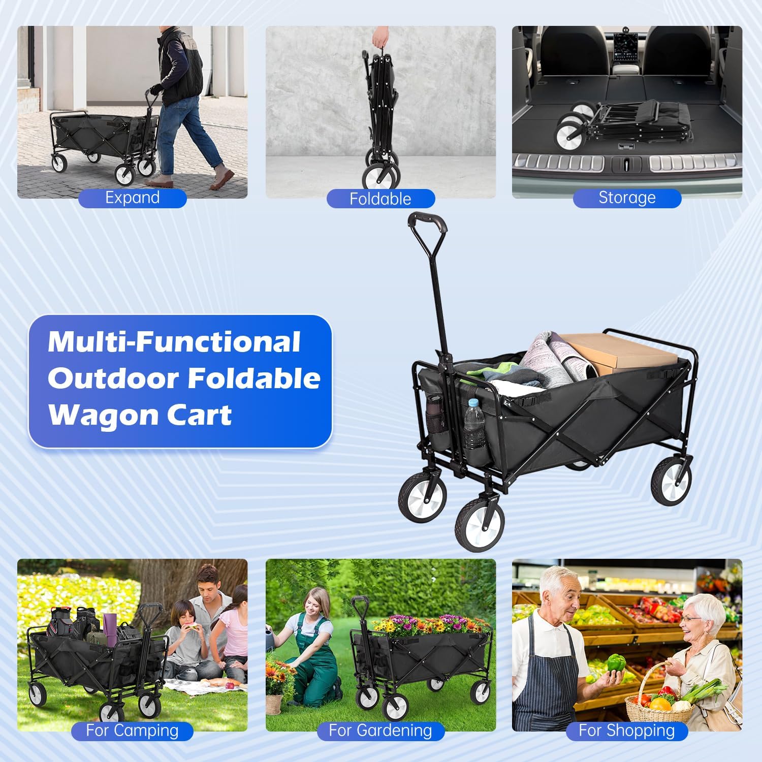 FDW 39''L Collapsible Wagon Cart, Heavy Duty Utility Folding Wagon for Outdoor Sports, 330 LBS Weight Capacity, Camping, Garden, and Shopping, Black