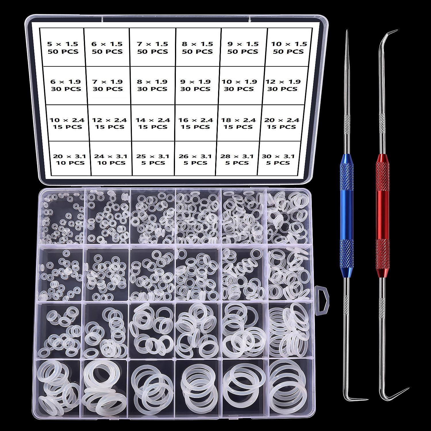 YIXISI 610 PCS 24 Sizes White O-Rings Assortment Kit, Silicone Metric O-Rings, with Double Headed Pick and Hook