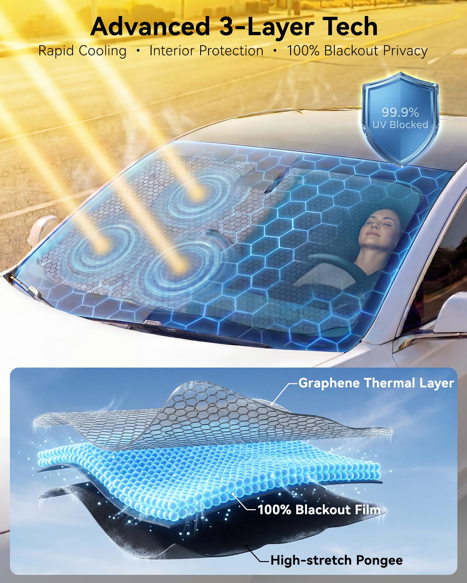 3W Grand parapluie pour pare-brise - 160 x 82 cm - Revêtement en vinyle - Bord à structure à ressort - Protège l'intérieur de la voiture contre les rayons du soleil et les dommages causés par la