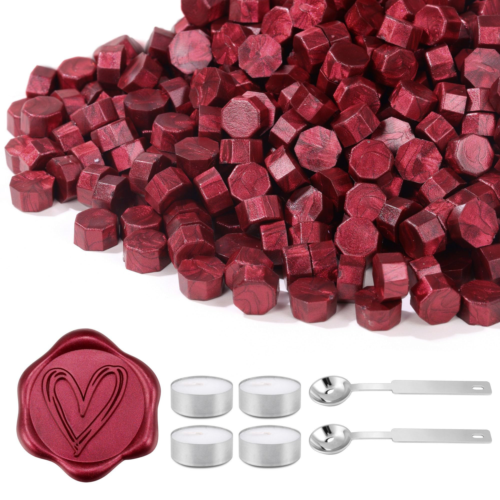 Yoption 360Pcs Burgundy Sealing Wax Beads with 2 Spoons and 4 Tea Candles for Wax Seal Stamps, Cards, Wedding Invitations, Wine Packaging, Gift Wrap, Envelopes
