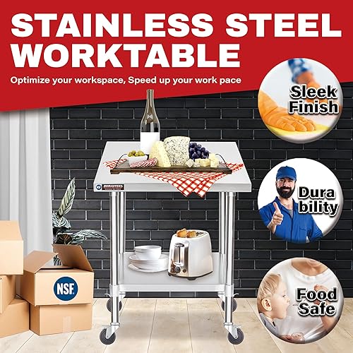 Vista 94 de DuraSteel - Mesa de acero inoxidable de 24 x 36 pulgadas, para preparación de alimentos, carrito de metal, mesa de trabajo comercial con ruedas