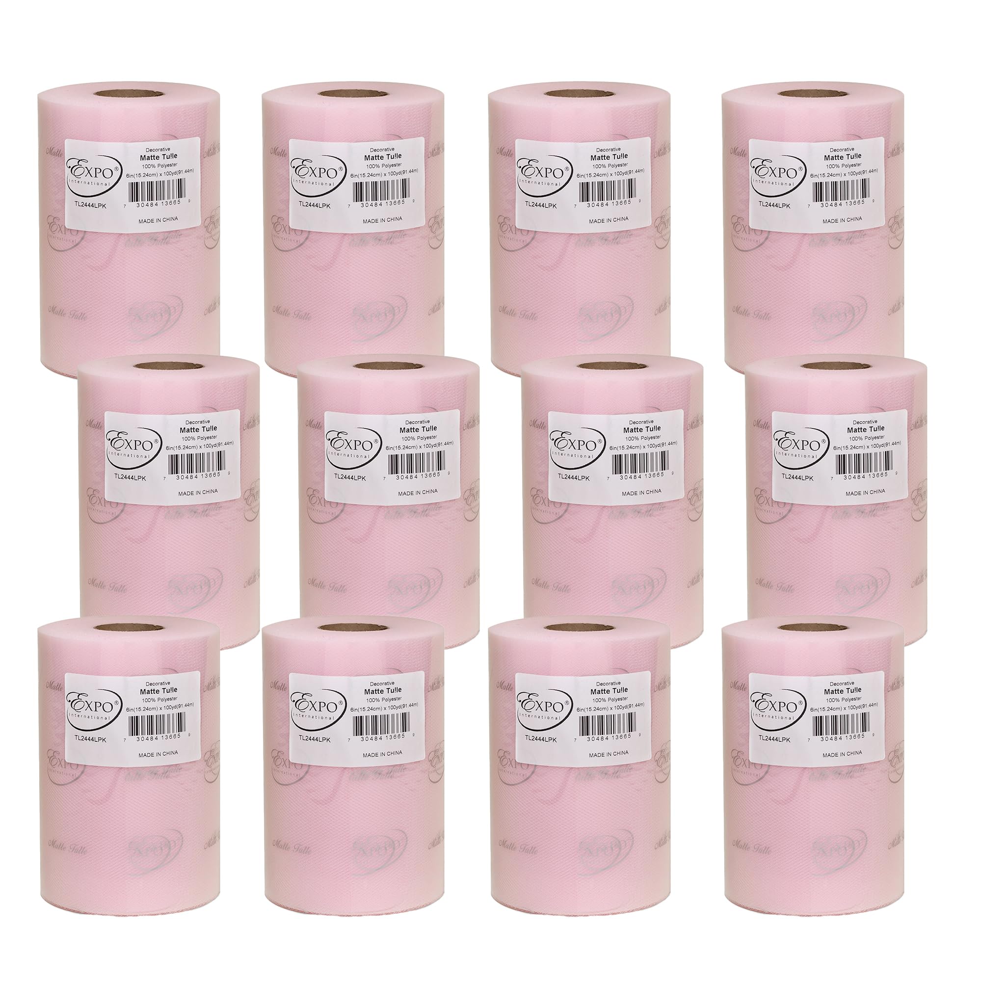 Expo International Decorative Matte Tulle, Roll/Spool of 6” X 100 Yards, Lightweight Polyester Tulle Fabric for Tutus, Costumes, and Party Decorations, Washable, Easy-to-Use, Pack of 12, Light Pink