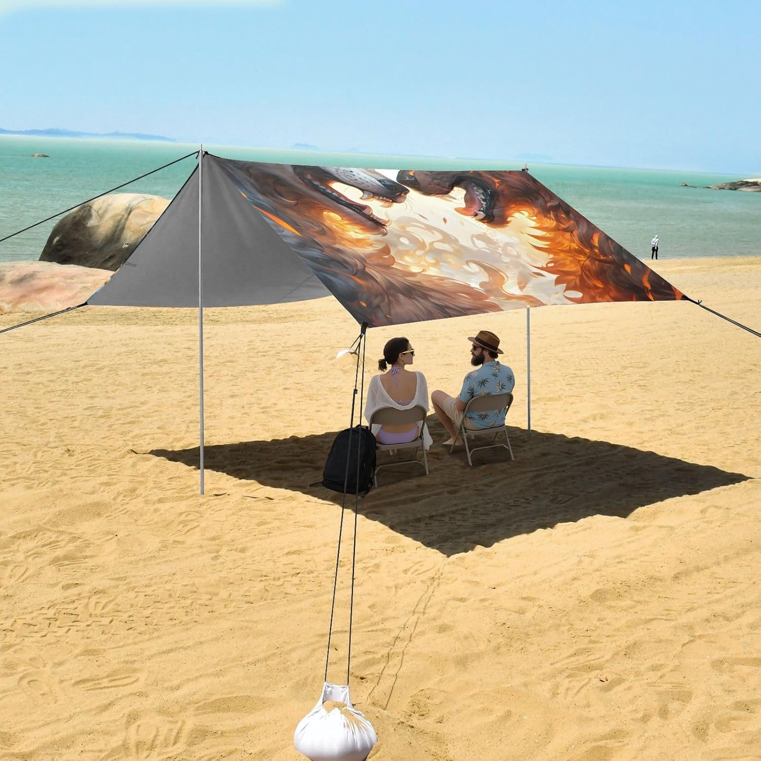 ALAZA Roarring Wolf Fire & Ice Beach Tent Sun Shelter UPF50+ Protection Beach Shade Canopy w/ 4 Sandbags for Outdoor Camping, Fishing, Backyard Fun, Picnic, 10x9 ft