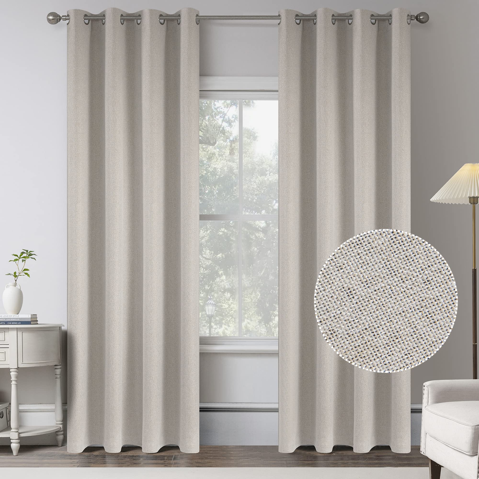 KEQIAOSUOCAI Greyish Beige Linen 100% Blackout Curtains for Bedroom - 95 Inches Long Energy Saving Thermal Insulated Water Proof Curtain Drapes for Outdoor/Indoor (2 Panels,Wide 52 x Length 95 Inch)
