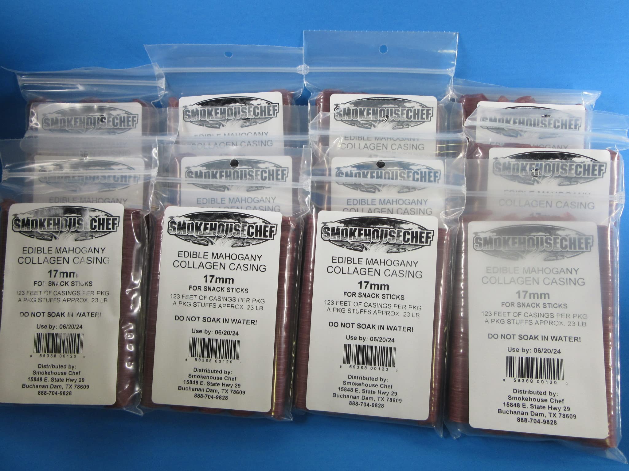 FULL CASE for 255 lb of yield. 17 mm SLIM snack stick casings for homemade snack sausage. Just add beef, venison, pork etc. 12 PACKS. 5 strands per pack