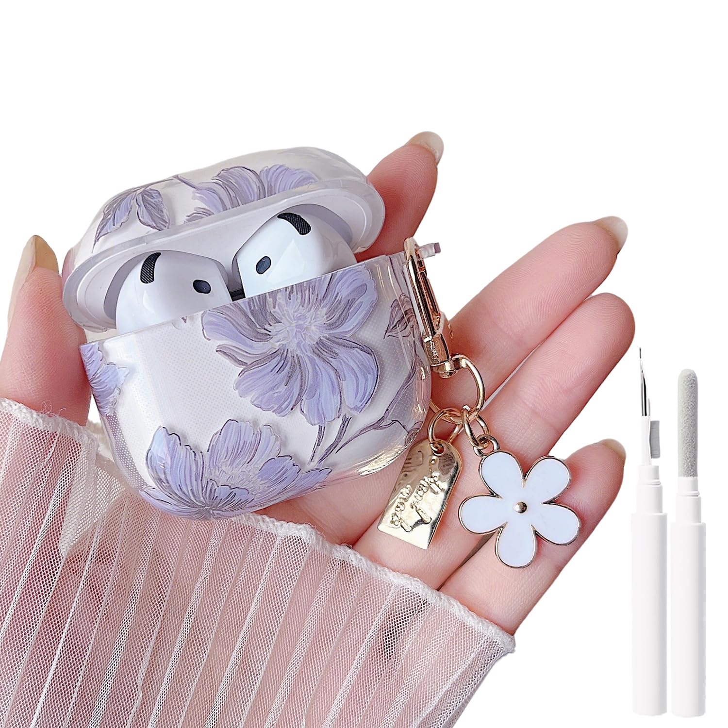 Photo 1 of ***ONLY FLOWER DECOR/ NOT CASE**** MINSCOSE for AirPods 4th Generation Case,Cute Retro Flower Aesthetic Pattern Design with Girly Floral Keychain,Soft Silicone Protective Earbuds Cover with Cleaner Kit for Girls Women-Blue Flower