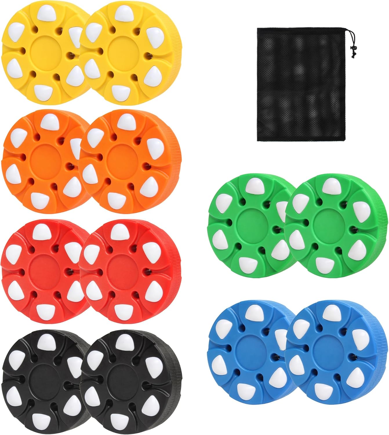 Roller Hockey Pucks Set, 12 Pucks, 6 Bright-Colors, Multi-Surface Training, Durable, Enhanced Visibility, Street Hockey Pucks for Outdoor, Indoor, Street Hockey Training, Includes Black Drawstring Bag