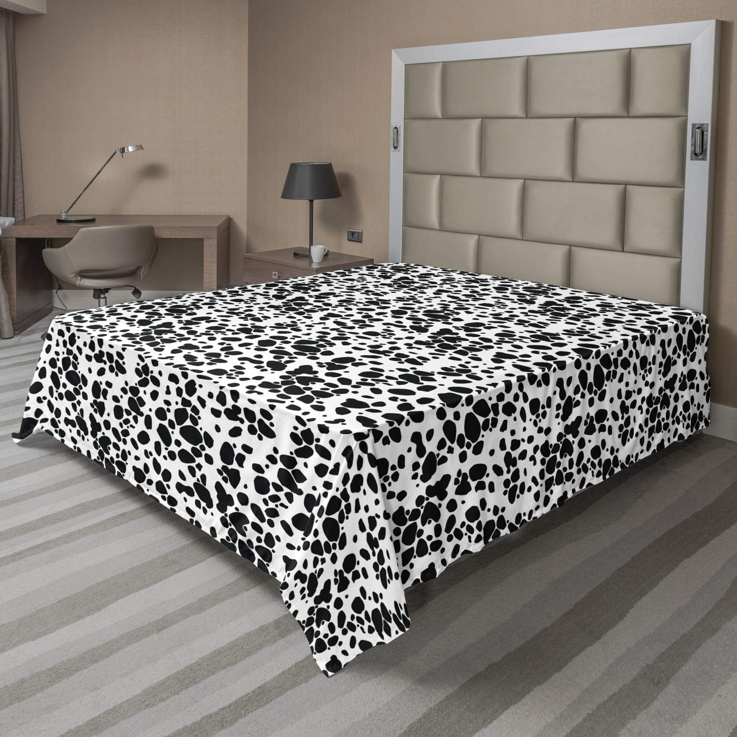 Ambesonne Dalmatian Dog Print Flat Sheet, Black and White Puppy Spots Fur Pattern Fun Spotted Pets Animal Desing, Soft Comfortable Top Sheet Decorative Bedding 1 Piece, Queen Size, White
