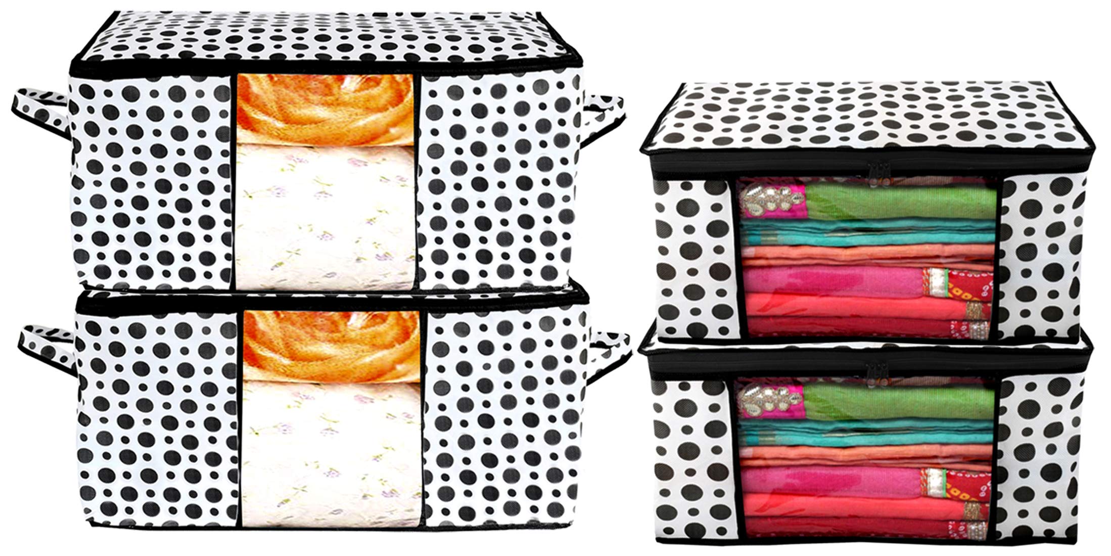 Kuber Industries Polka Dots Design 2 Piece Non Woven Saree Cover and 2 Pieces Underbed Storage Bag, Storage Organiser, Blanket Cover (Black & White) -CTKTC038119