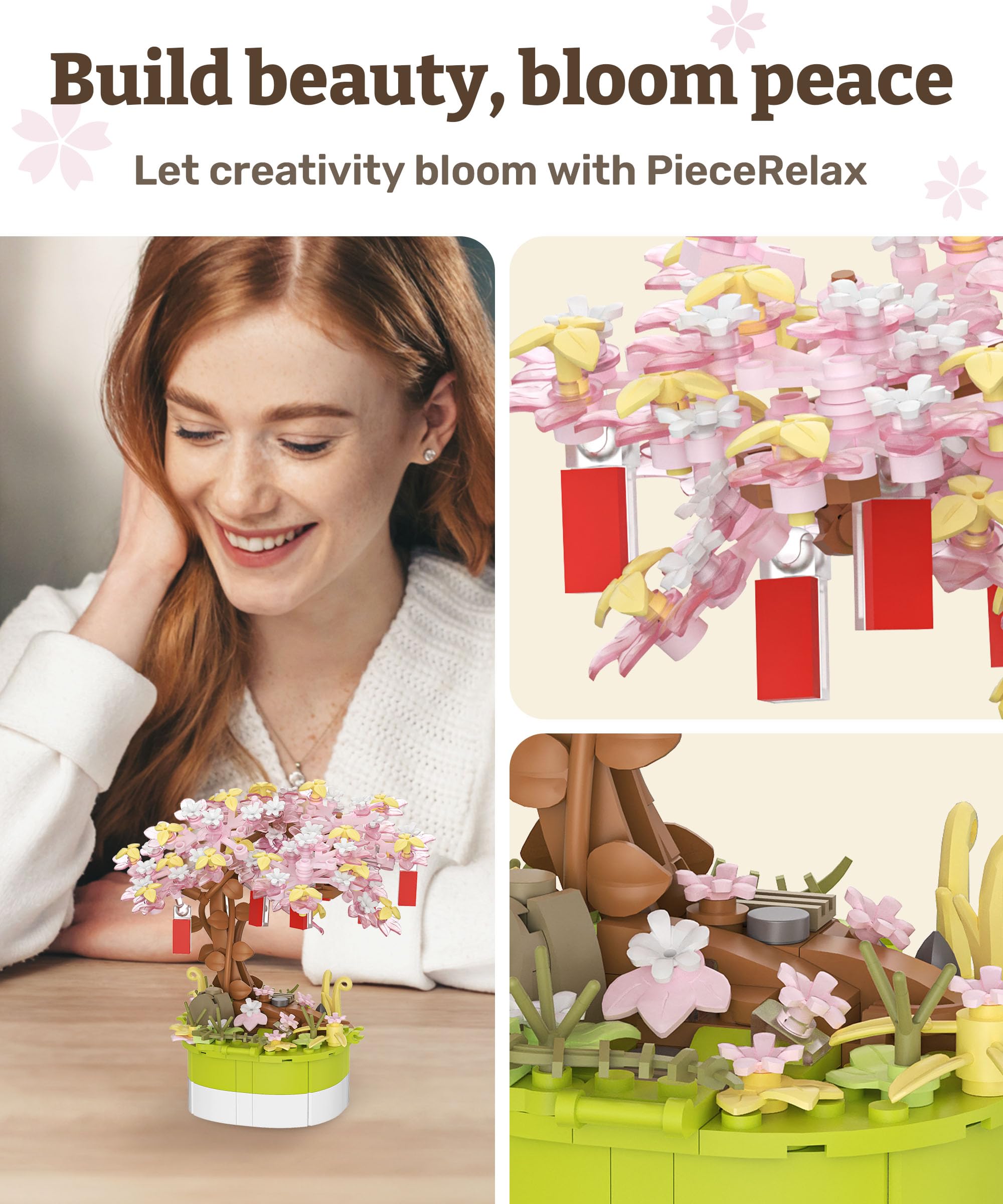 PieceRelax Flower Building Decoration Set, Mini Bricks Potted Wishing Tree - Image 2