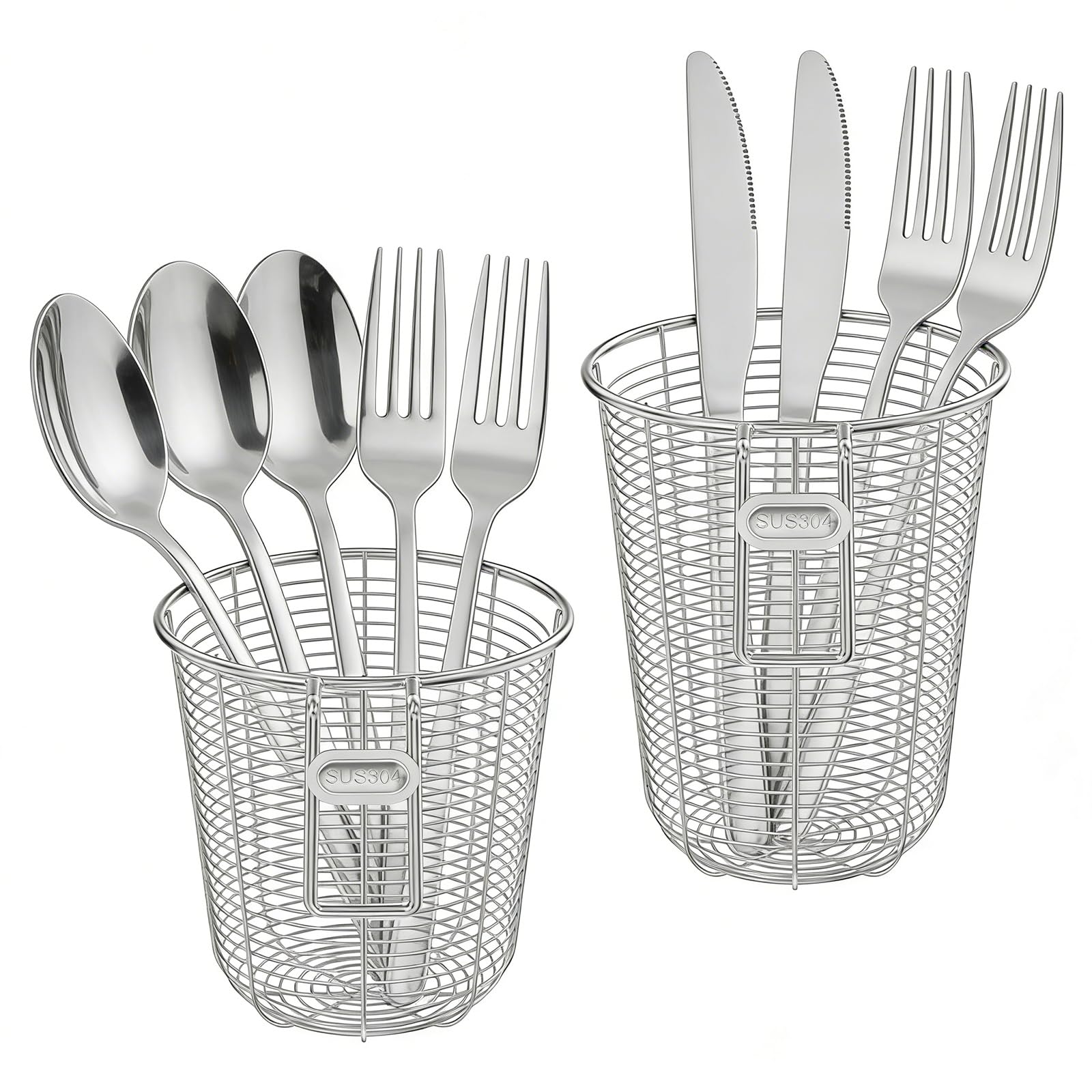 Foppla 2Pcs 304 Stainless Steel Cutlery Drainer and Utensil Holder, Rustproof Dish Drying Rack with Hooks for Kitchen Sink Counter, Silverware Storage Organizer for Knives, Forks, and Spoons(silver)