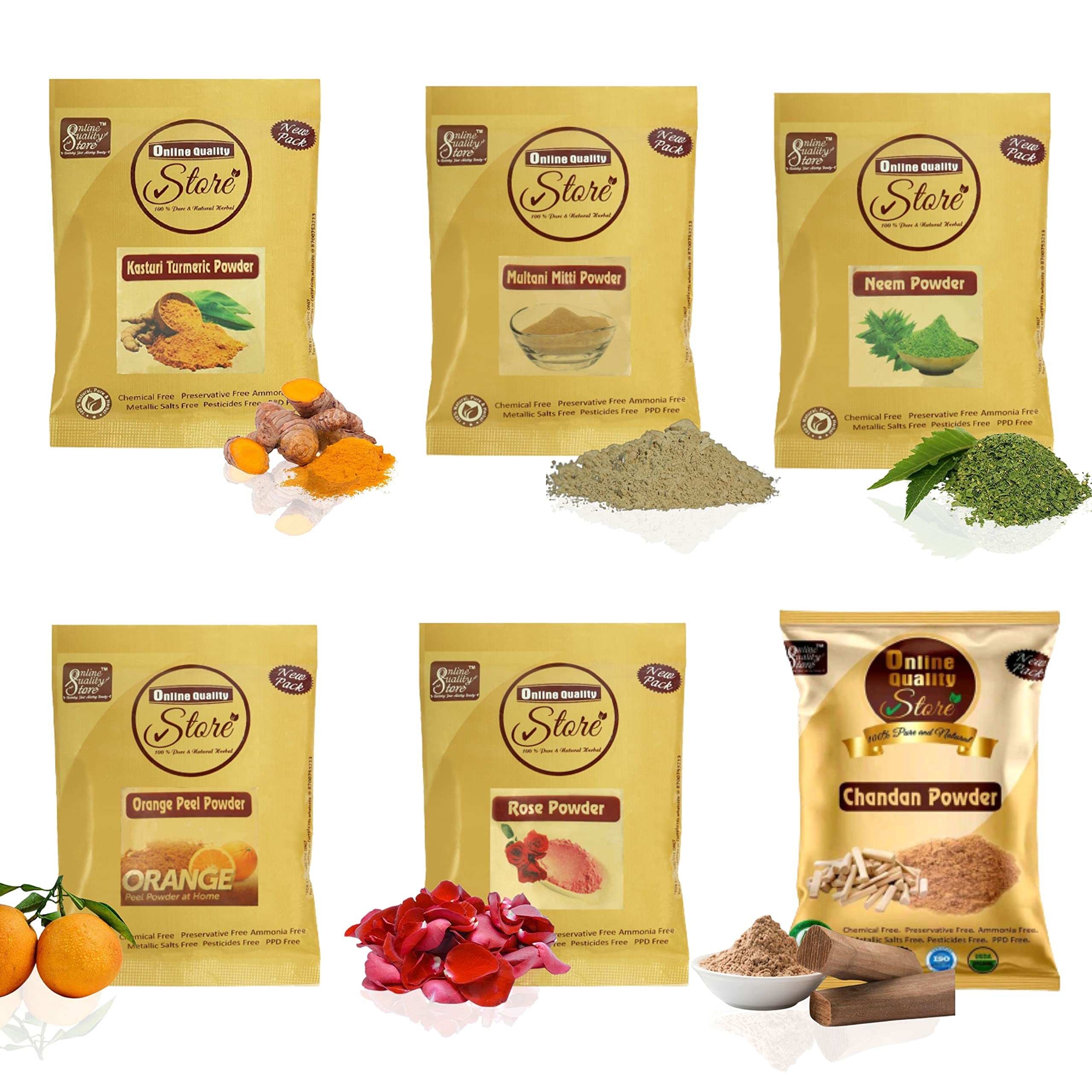 Online Quality Store Face Care Combo (Pack of 6) | Multani Mitti, Kasturi Turmeric, Orange, Neem, Chandan and Rose (50g Each, Total 300g)