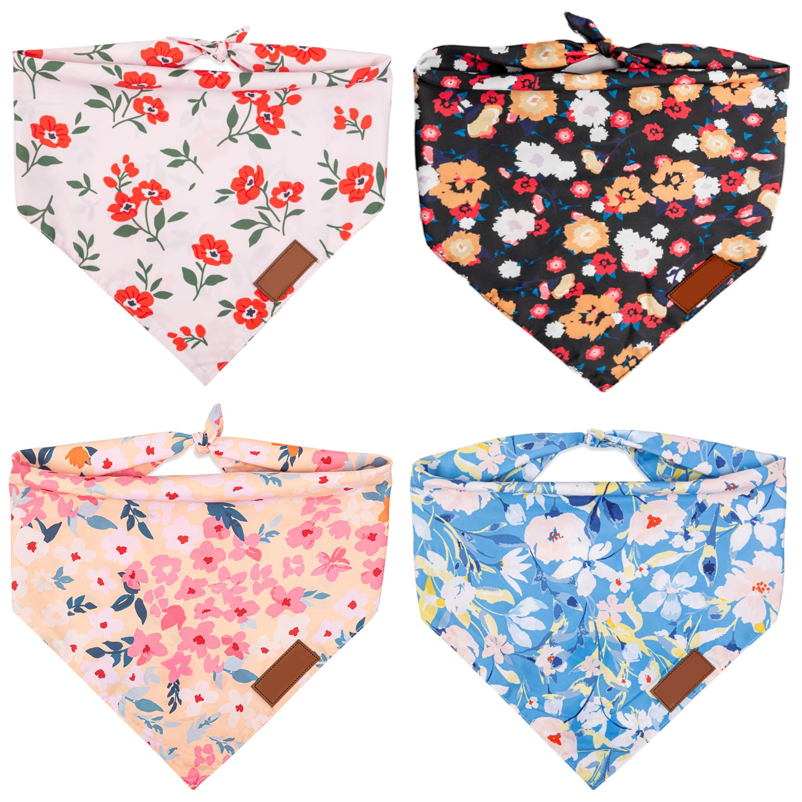 Nausikaa Dog Bandanas 4 Pack - Triangle Large Girl Bandana, Durable Polyester Fabric Scarf, Unique Design - Ink Flower B