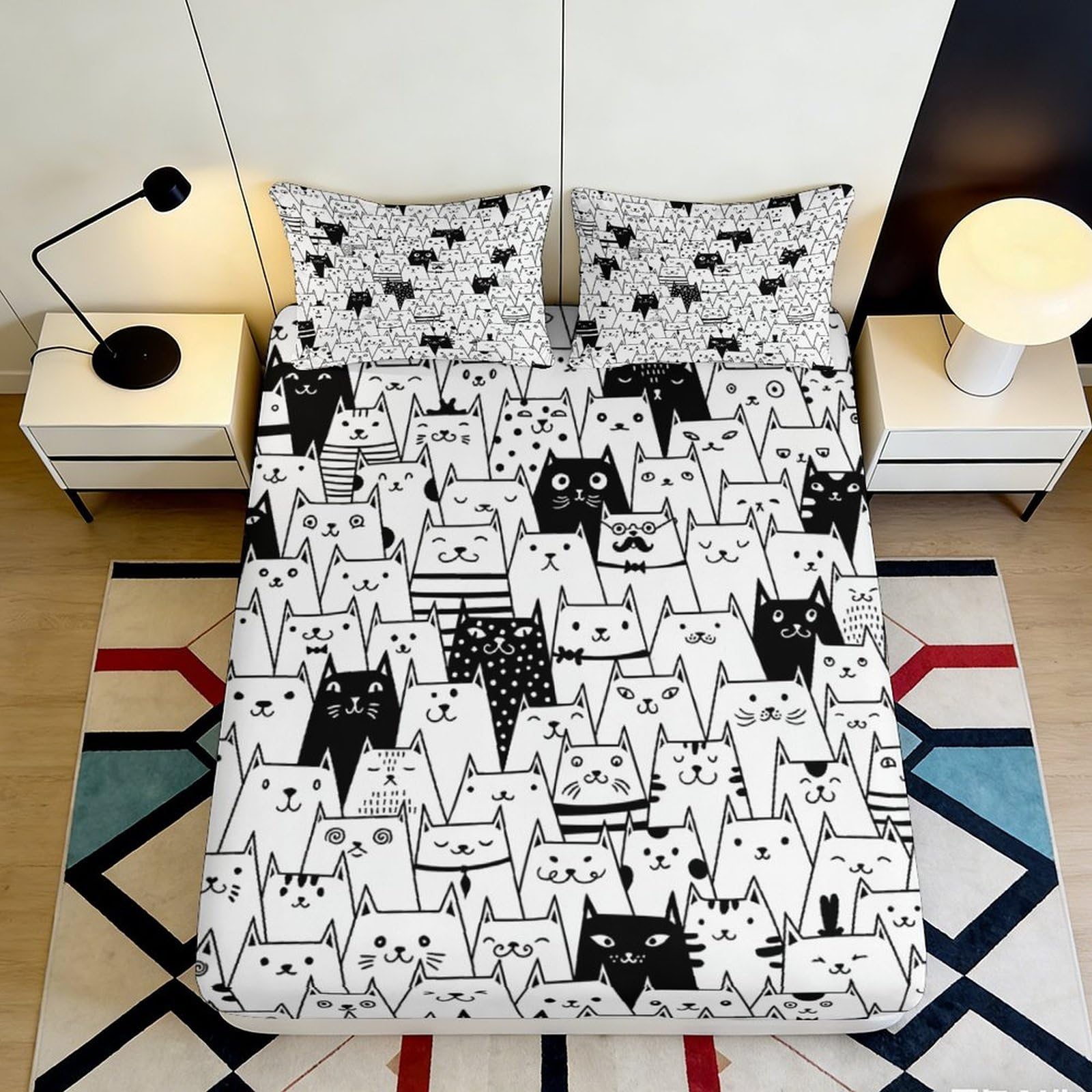 3D Printed Cartoon Cat Fitted Sheet Microfiber Black White Animal Pattern Mattress Cover for Bedroom Guest Room Decor 200x200x25cm