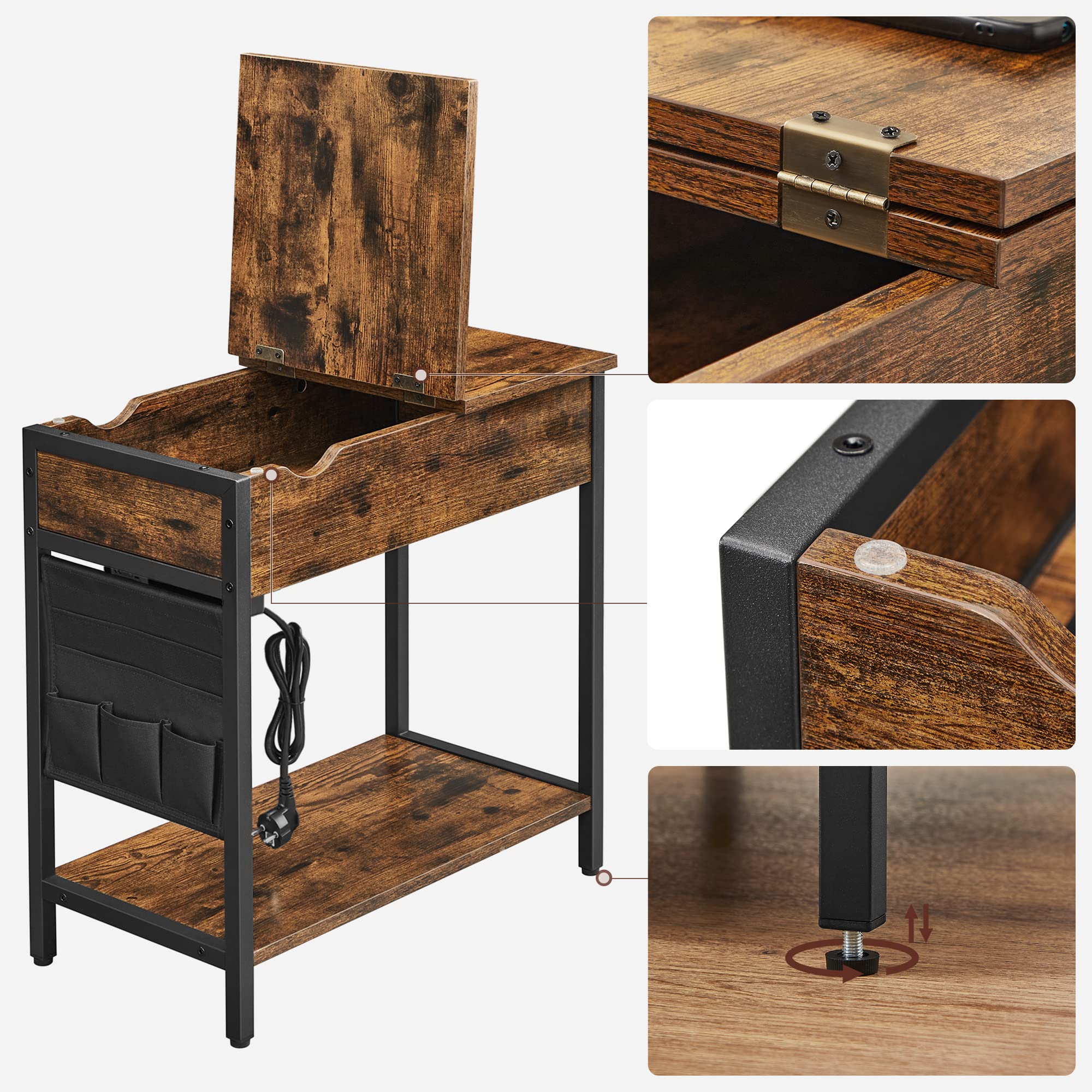 VASAGLE LET311B01 Table de Charge avec Prise électrique, Table de Chevet Rabattable avec étagère de Rangement et Sac en Tissu, pour Salon, Chambre à Coucher, Marron Rustique et Noir