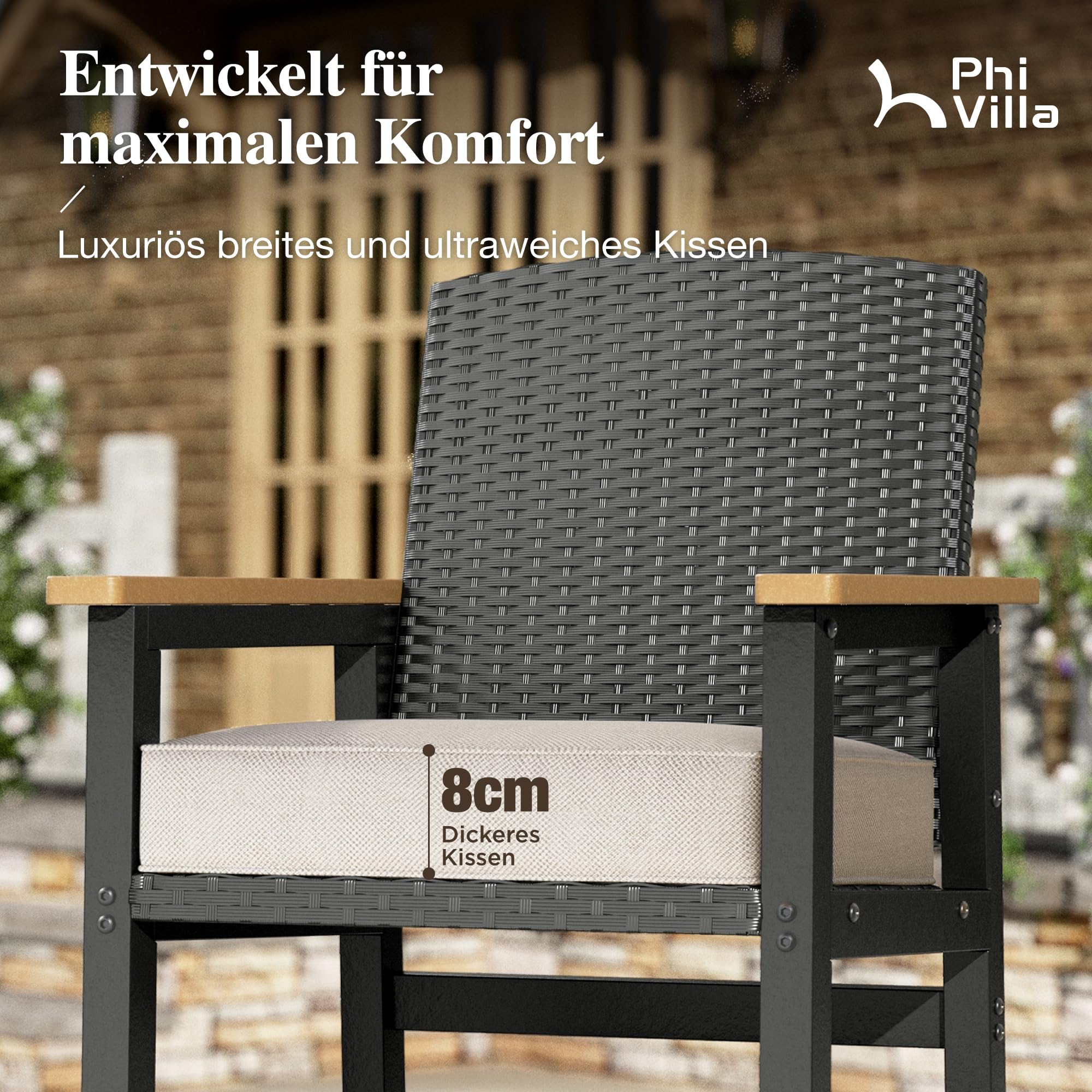 PHI VILLA 3-teiliges Bartisch mit Barhocker Set, Outdoor Barmöbel Garten Bartisch Set mit Rattan Hocker und Tischplatte in Holzmaserung, Bar Tisch mit 2 Stühlen für Terrasse