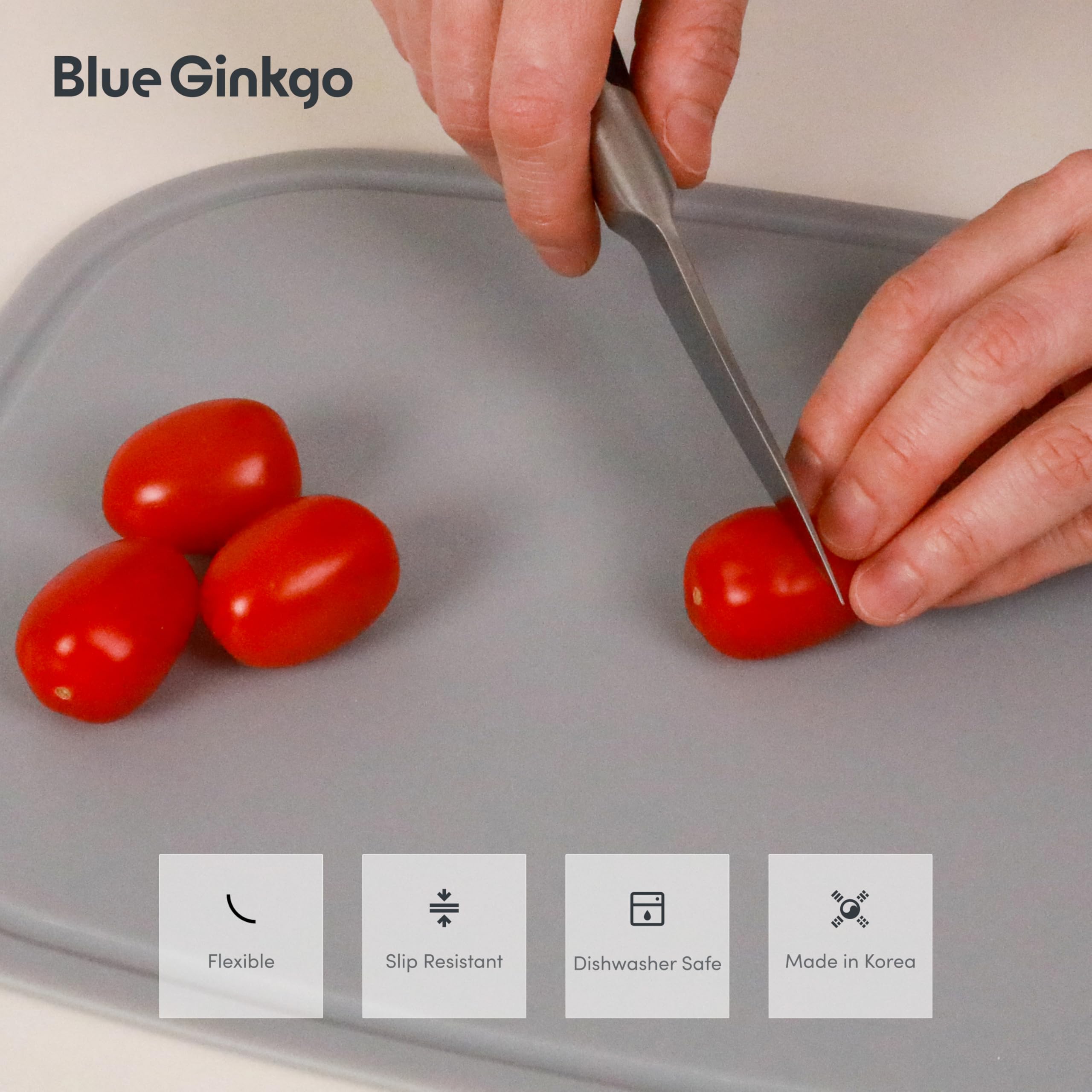 Blue Ginkgo Silikon-Schneidebretter - 3er-Set (klein, mittel, groß) - doppelseitig, dick, flexibel, rutschfest, BPA-frei - Saftrillen, spülmaschinenfest (Made in Korea, Grau) | Doppelseitig, flexibel und spülmaschinenfest.