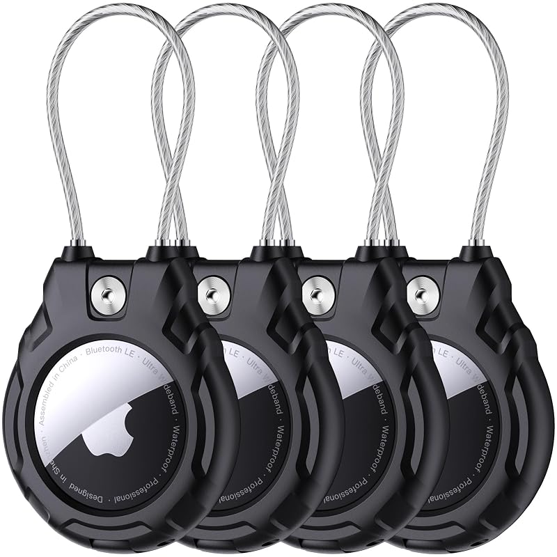 Kit com 4 Suportes Porta AirTag GOCII com Cabo de Aço e Trava, Capa ABS e Silicone para Apple AirTag, Preto