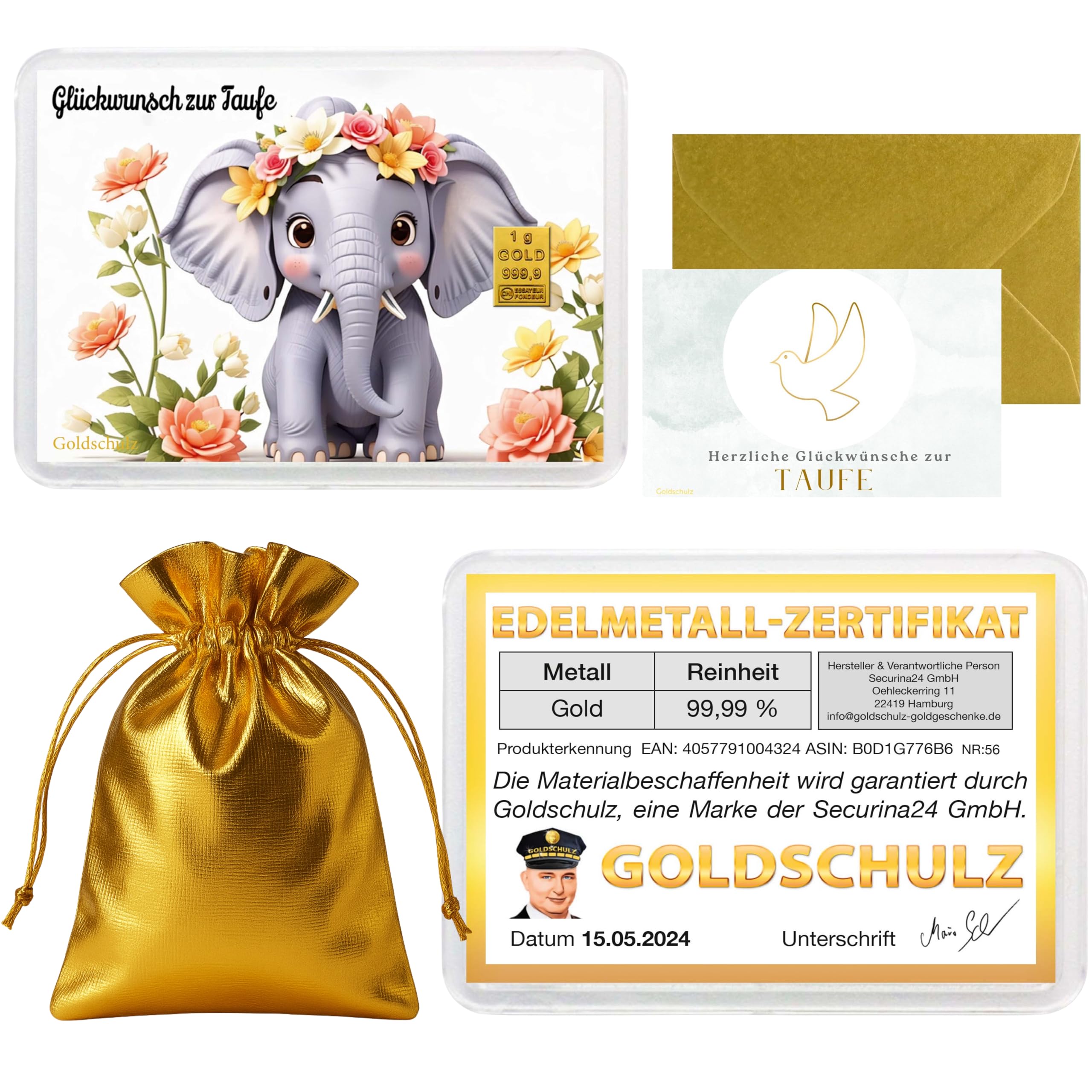 Goldbarren 1g 1 Gramm Motivbox - Zur Taufe Elefant - Geschenk + Echtheitszertifikat