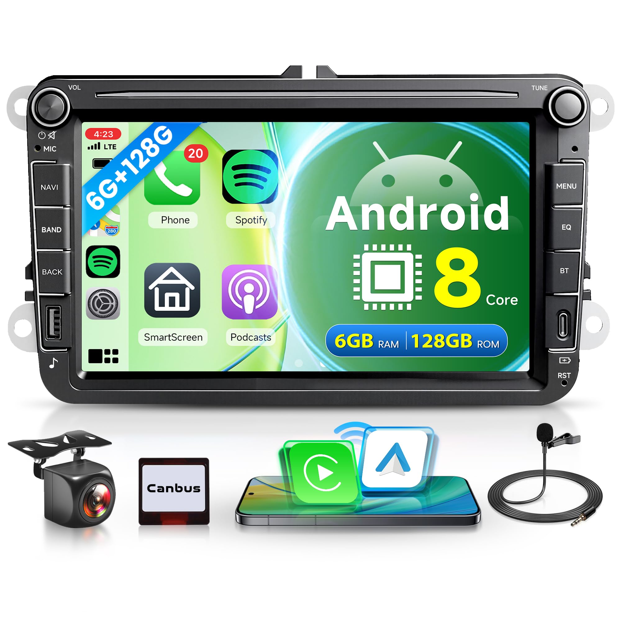6G+128G 8 Core Wireless Carplay Android Autoradio für VW Golf 5 6 Passat Polo Tiguan Touran Caddy Skoda Seat 8 Zoll Autoradio Android Auto GPS Navi WiFi Mirror Link Bluetooth FM/RDS/DSP Rückfahrkamera