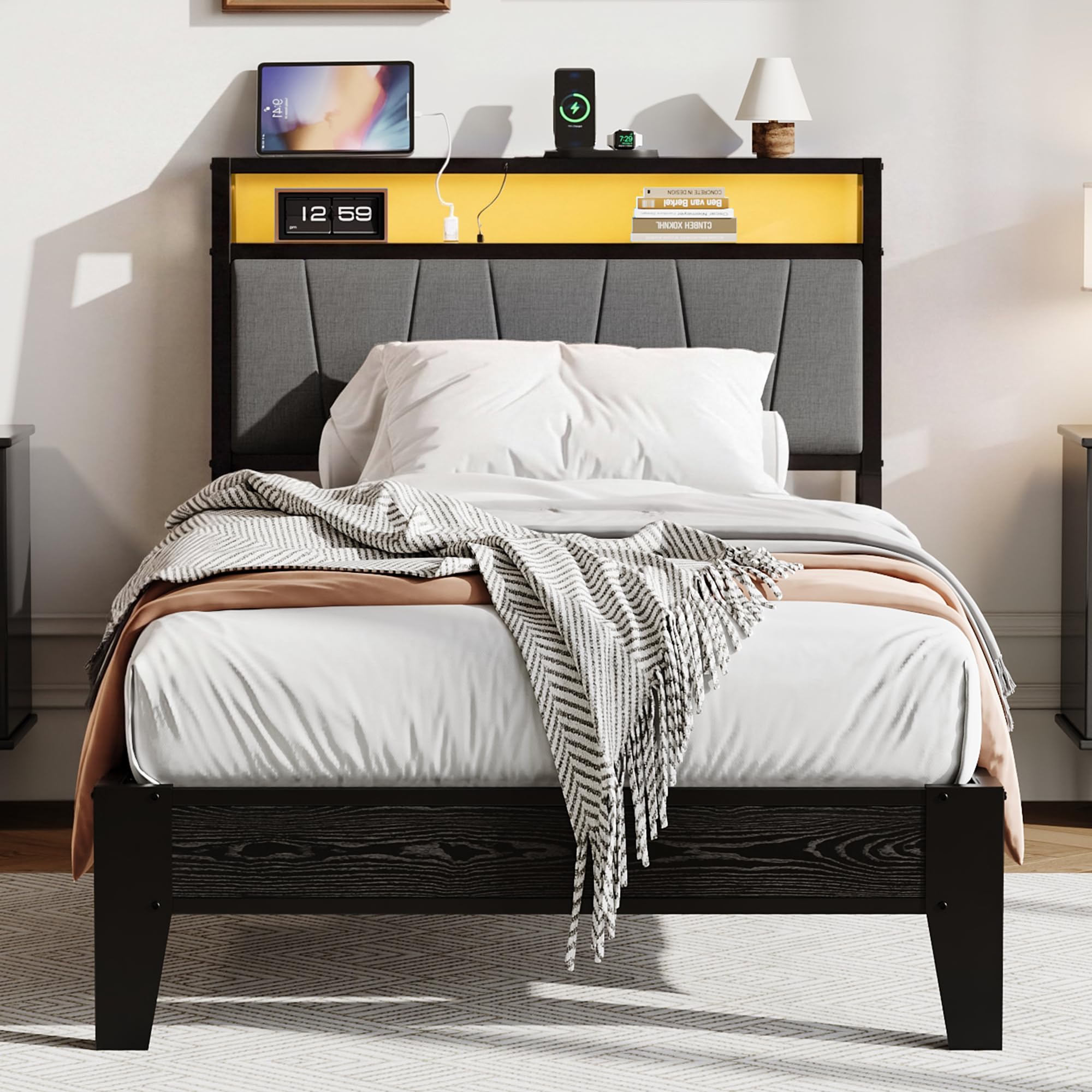 IRONCK Single Bed Frame with LED Lights and Charging Station (2 AC Outlets, 1 USB‑A, 1 Type‑C Port), 90x190 cm Stable Metal Bed Frame with Storage Shelf Upholstered Headboard, Easy Assembly, Black