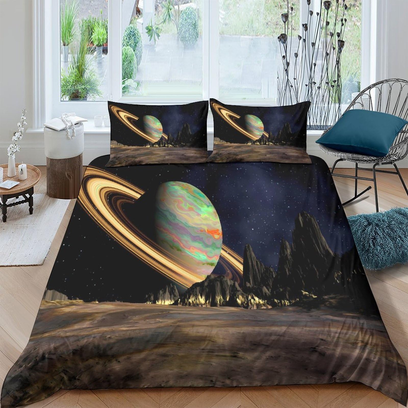 Ctjqhvkz Style-8 3D Printed Saturn Planet Fitted Sheet Microfiber Soft Breathable Night Sky Bed Cover For Bedroom Dorm Mattress Decor Single（135X200cm）