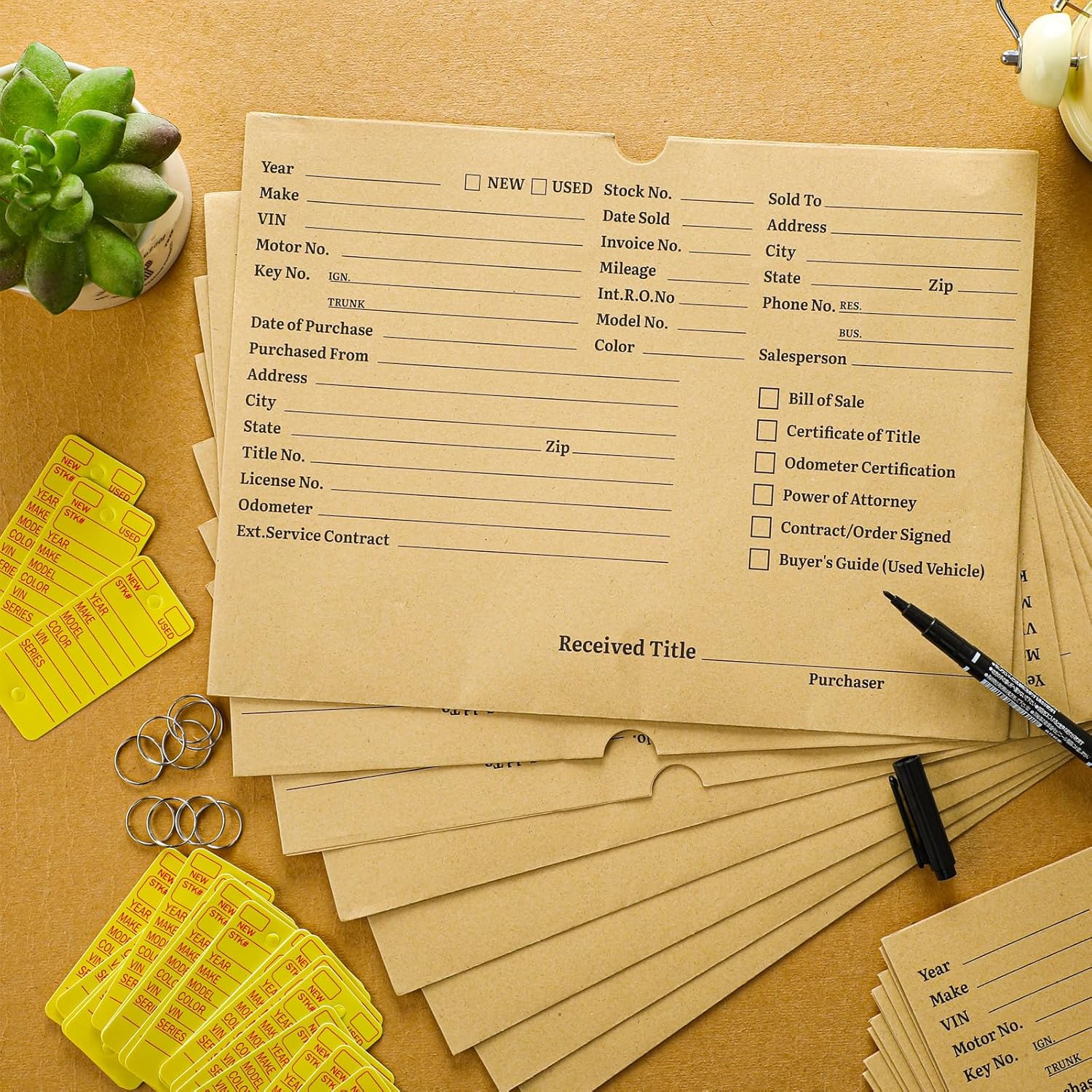 Tenceur 100 Pcs Vehicle Dealer Jackets 9 x 12 Inches Printed Vehicle Deal Envelopes 100 Pcs Car Key Tags with Rings 2 Pens for Office Car Subscribe Order Dealership Operations Accessory(Yellow)
