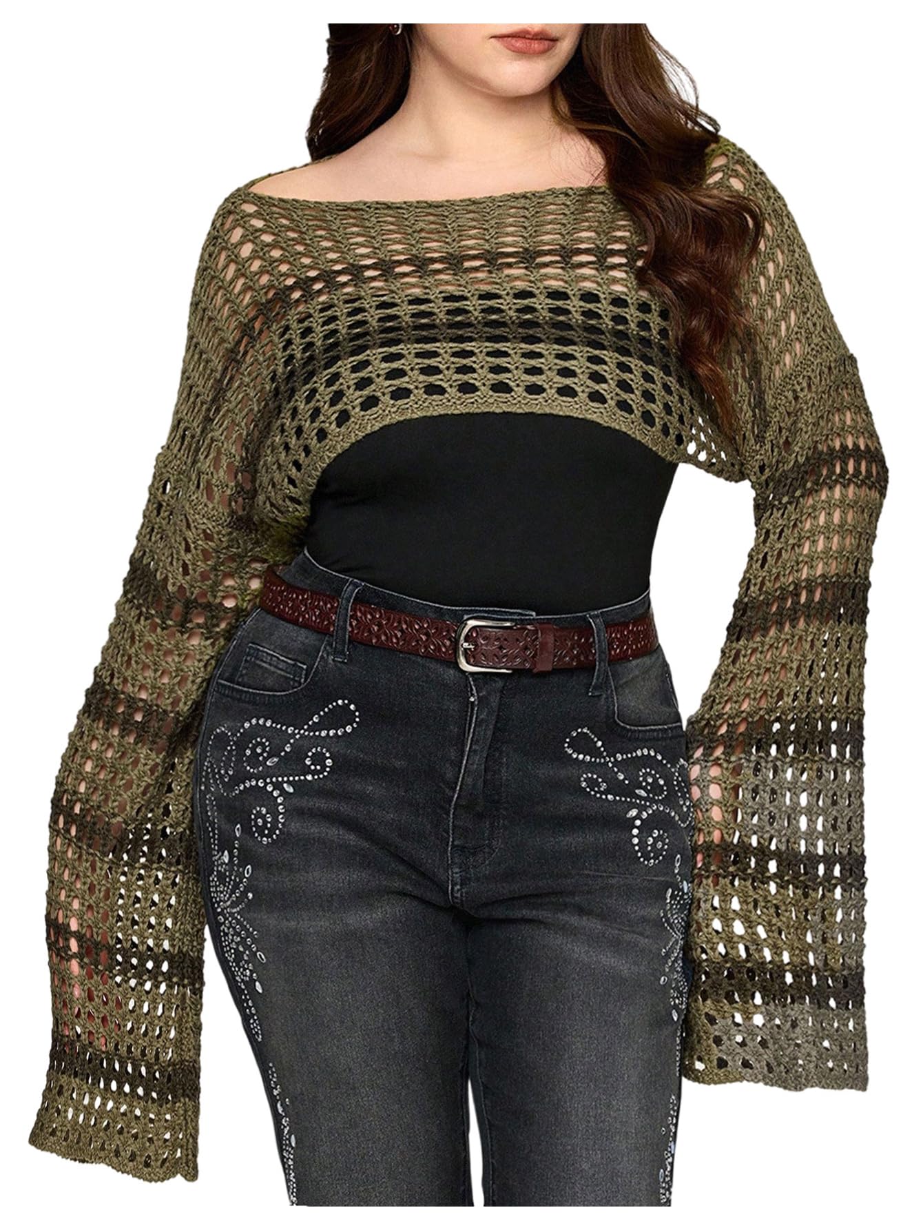Womens Plus Size Striped Crochet Sweater Bell Sleeve Knit Cropped Pullover Tops