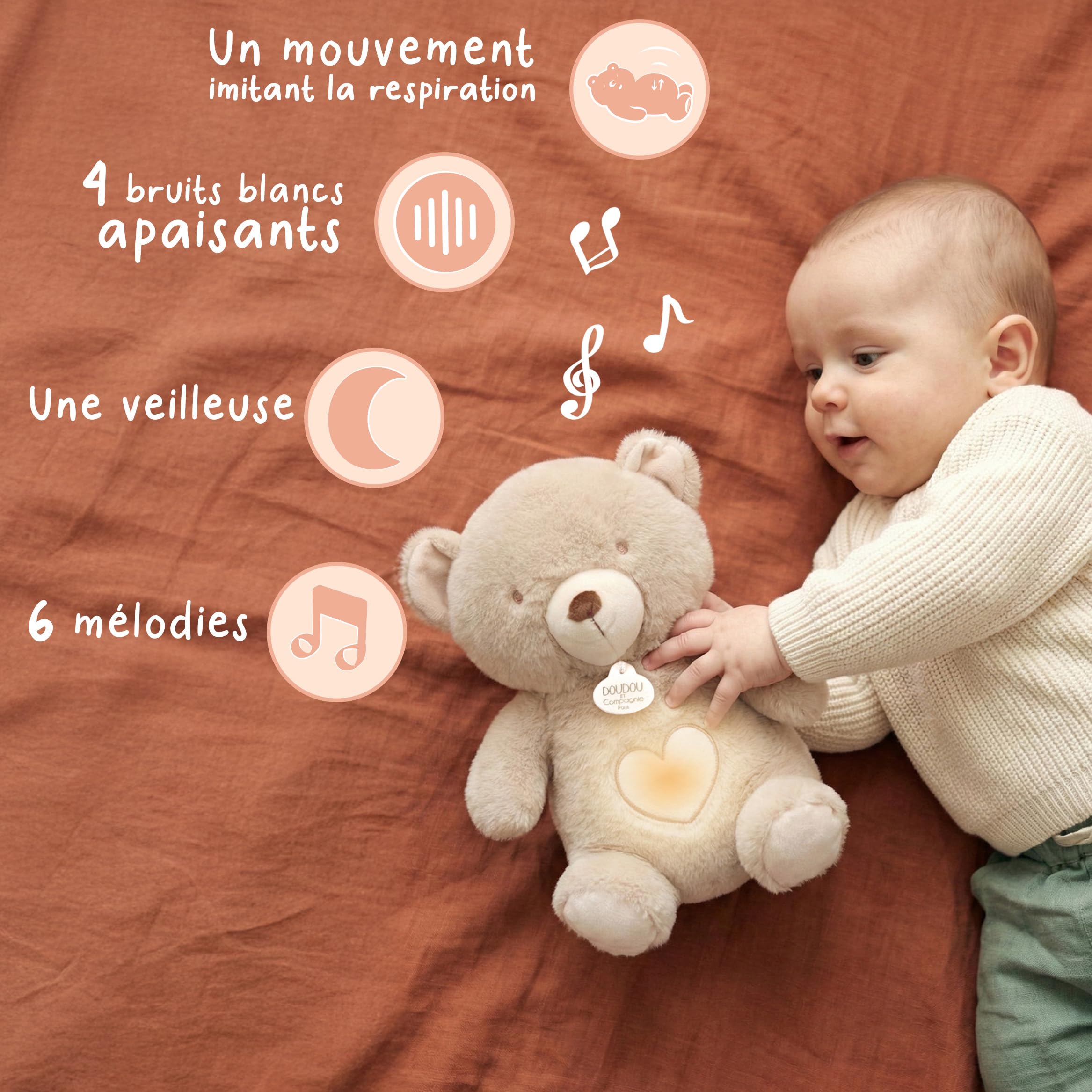 Doudou et Compagnie - Oddychający pluszowy miś oddychający - 28 cm - Świecąca przytulanka muzyczna z ruchem oddechowym - Wspomaga sen i relaks - Prezent z okazji narodzin dziecka - DC4684
