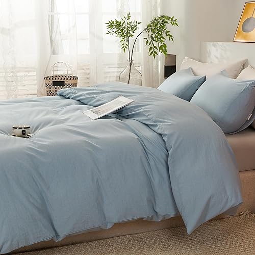 Miniatura 5 de ECOCOTT Juego de funda de edredón de 3 piezas, 100% algodón lavado, duradero, suave y cómodo, con cierre de cremallera, tamaño matrimonial, azul