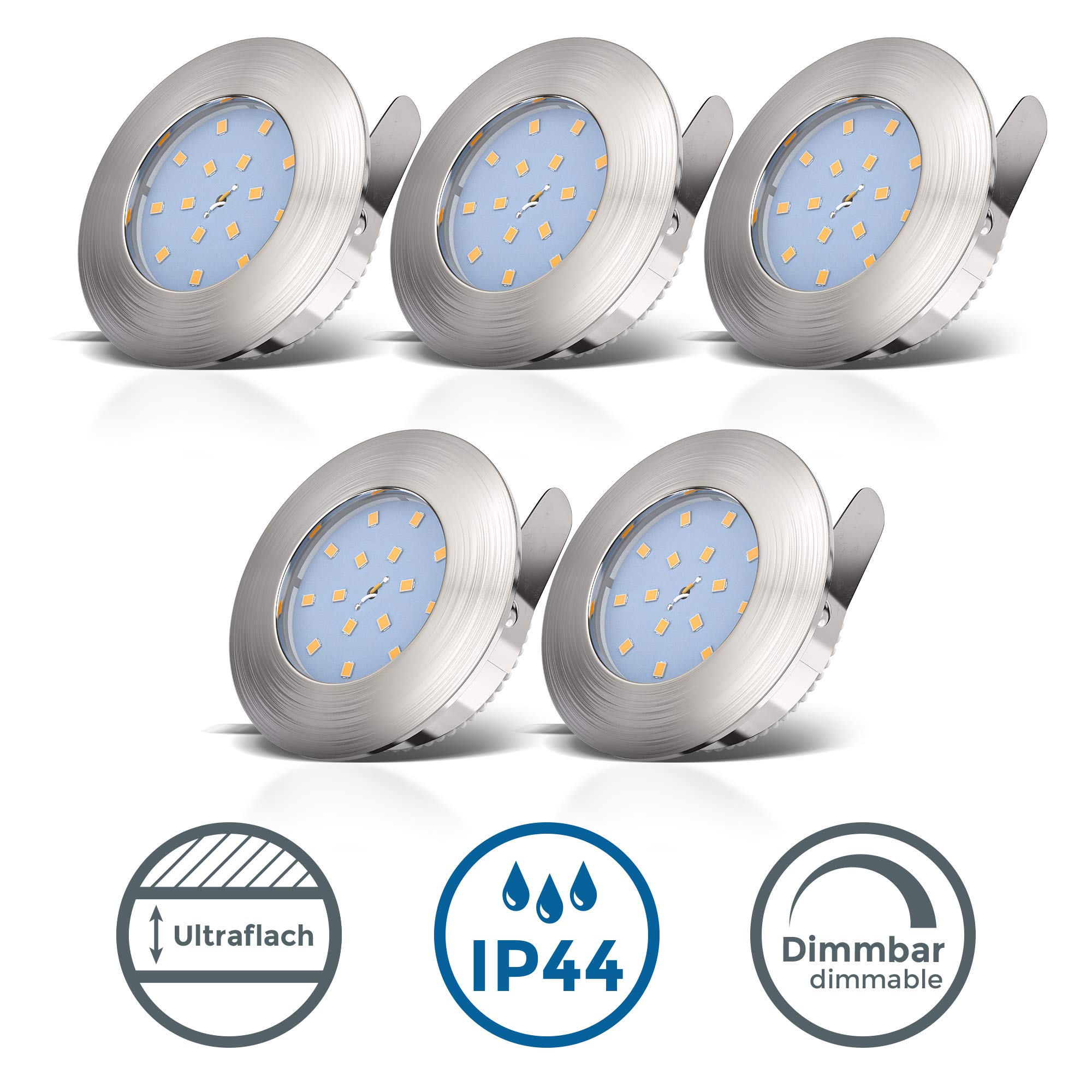 B.K.Licht Faretti LED da incasso dimmerabili, 5,5W, diametro foro 60mm, 5 faretti da bagno ultrasottili, luce calda, resistenti agli schizzi d'acqua, plastica nickel opaco, 230V IP44