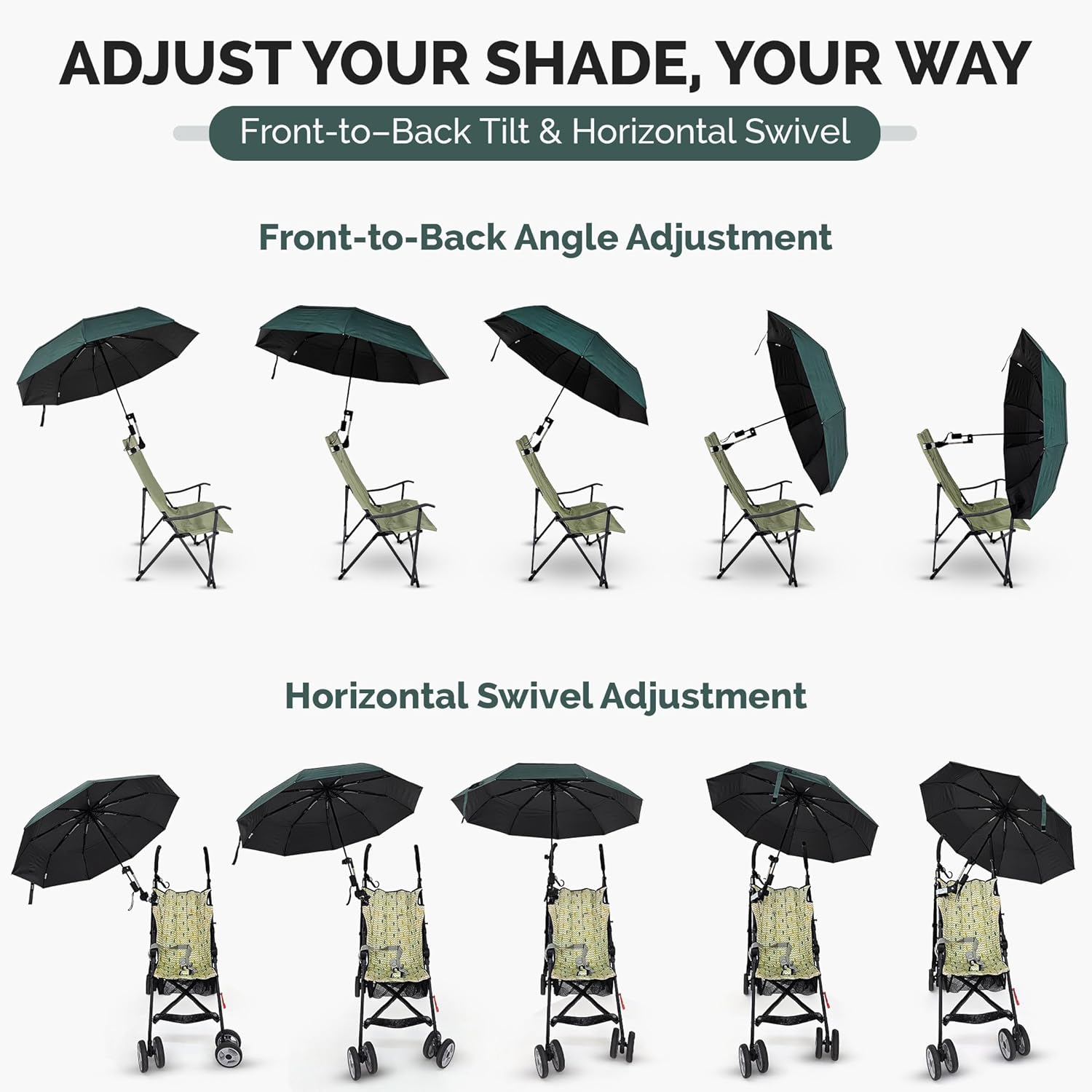 Beach Chair Patio Umbrella with Universal Adjustable Clamp - Clamp-on Outdoor Sports Umbrella for Stroller Pool Camp Bleachers, Compact Lightweight Portable Shade, Windproof Sunshade (Dark Green)