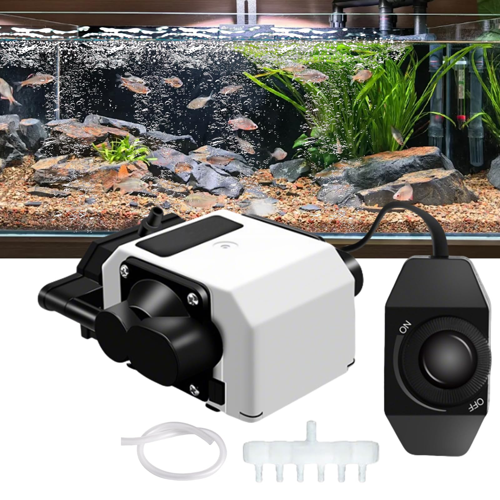 Pompe à air pour Aquarium 3300L/H 25W, Pompe à Oxygène avec Accessoires, Tuyau et Sortie d'air à 6 Trous, Silencieuse/Faible Vibration/Réglable, Bulleur Aquarium pour Up to 2200 litres