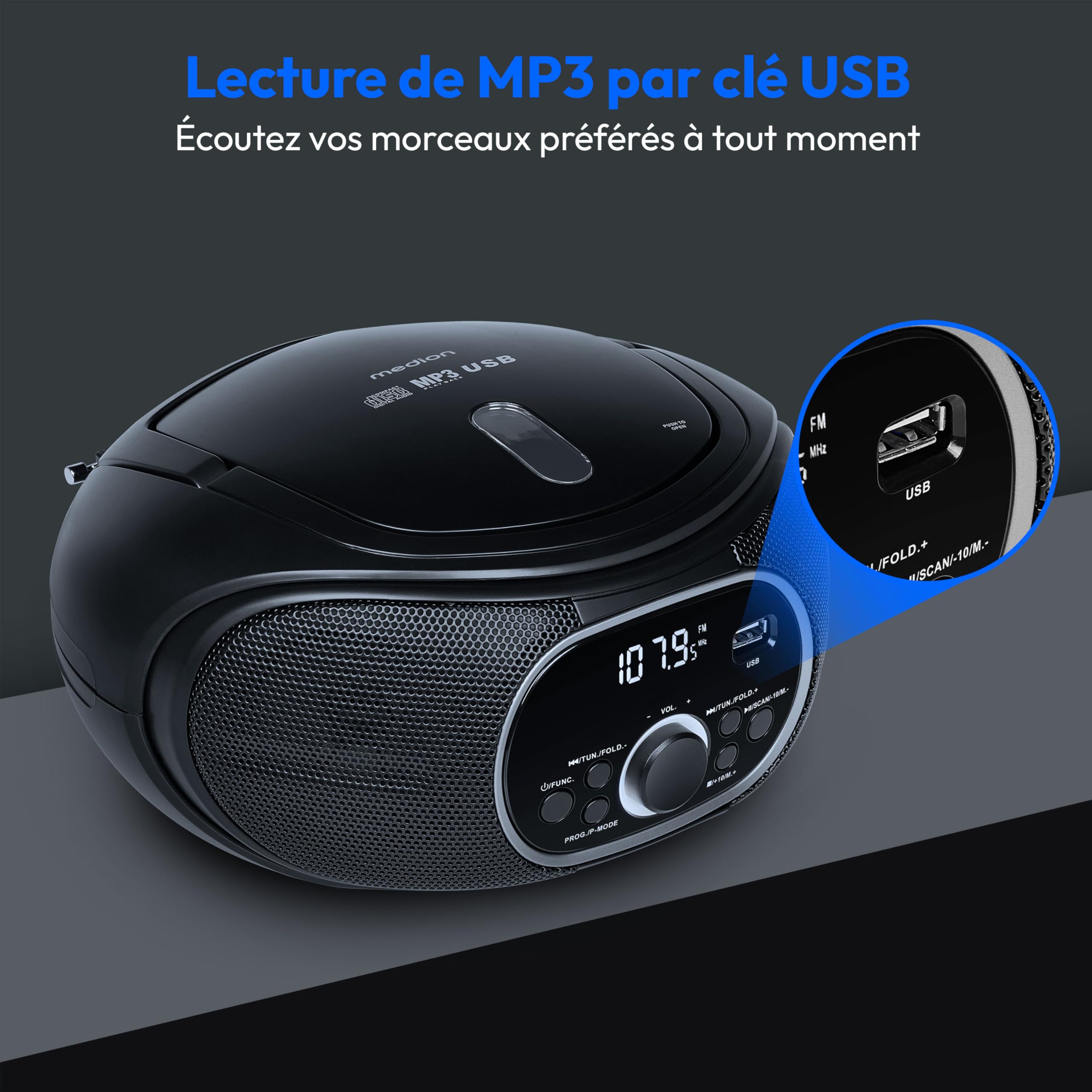 MEDION Boombox Portable E65711, Lecteur CD/MP3, FM, AUX, Fonctionnement sur Piles, Noir